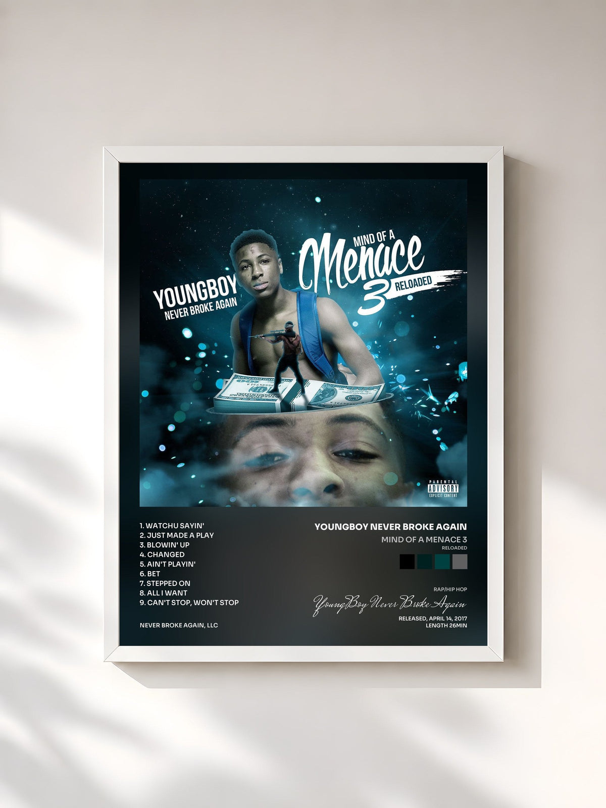 #blanc Mind of a Menace 3 (Reloaded) di YoungBoy Never Broke Again in stampa incorniciata, cornice bianca, stampata e incorniciata in Francia