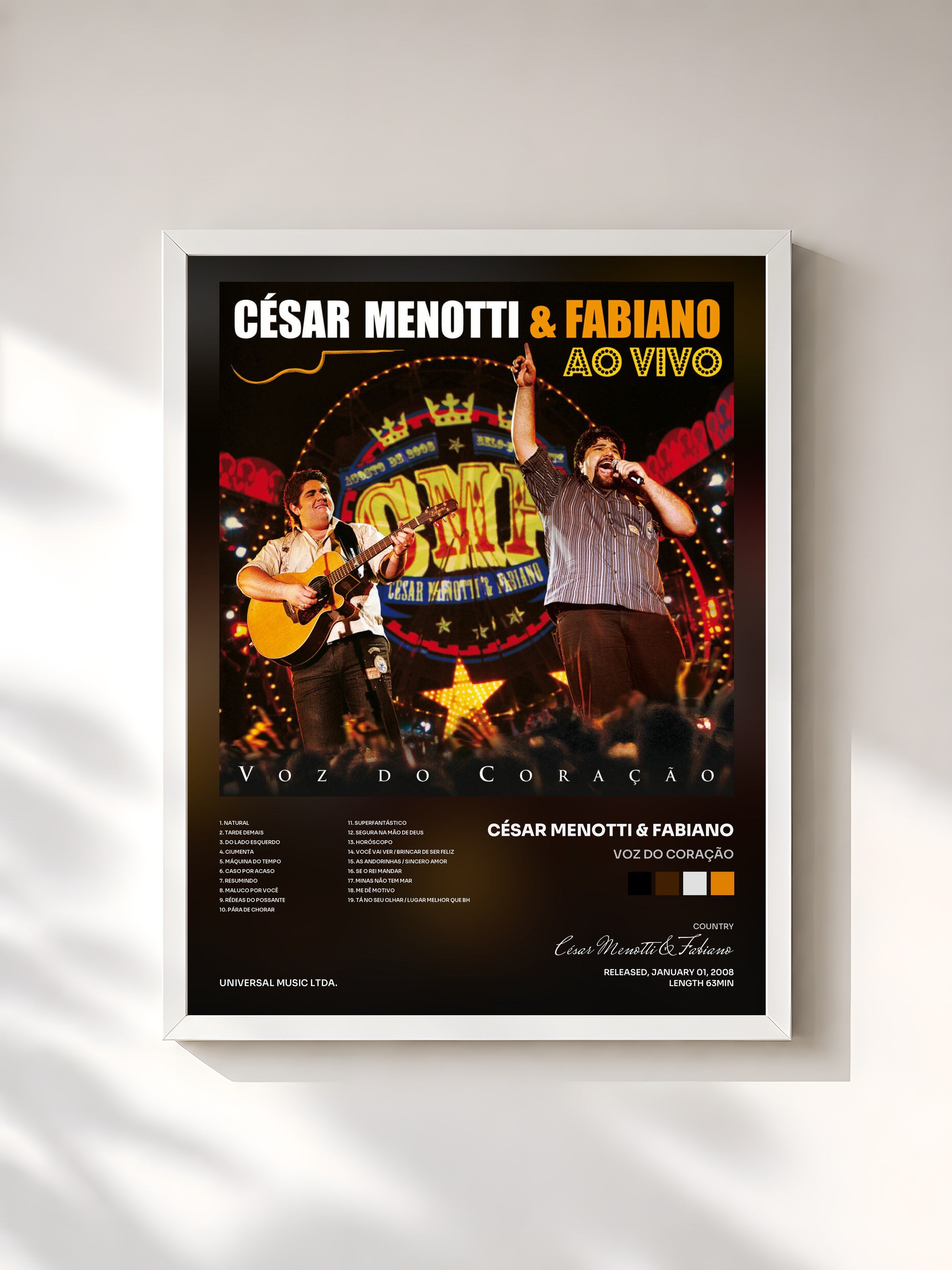 #blanc Tableau de l'album Voz Do Coração de César Menotti & Fabiano, cadre blanc, imprimé et encadré en France
