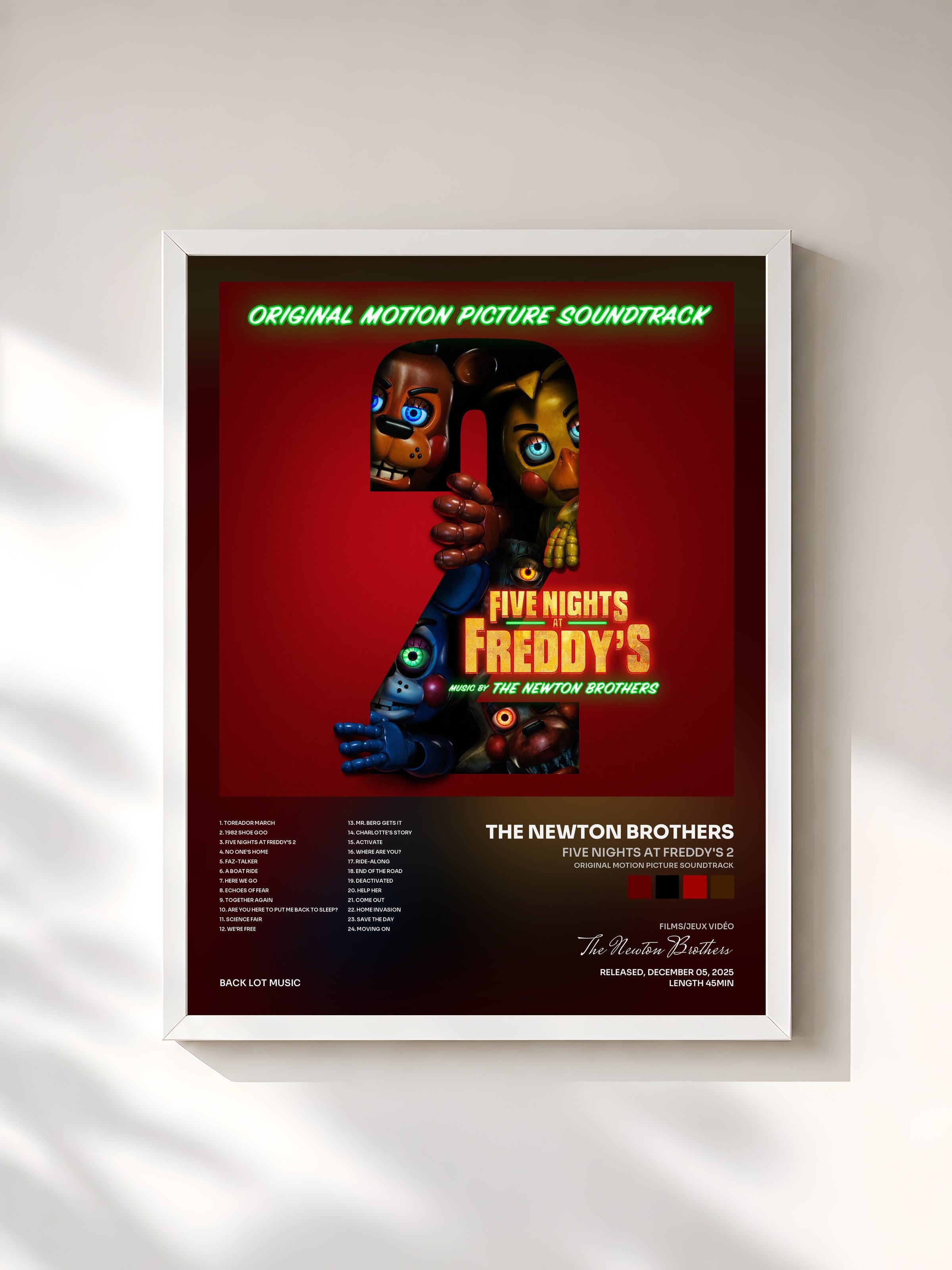 #blanc Tableau de l'album Five Nights at Freddy's 2 (Original Motion Picture Soundtrack) de The Newton Brothers, cadre blanc, imprimé et encadré en France