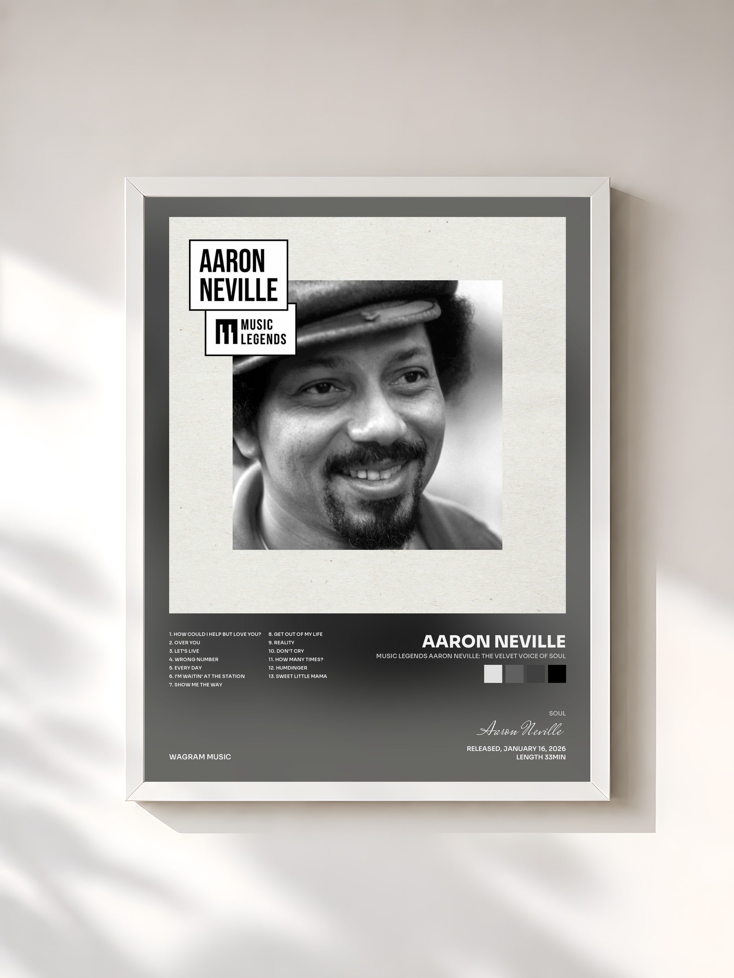 #blanc Tableau de l'album Music Legends Aaron Neville: The Velvet Voice of Soul de Aaron Neville, cadre blanc, imprimé et encadré en France