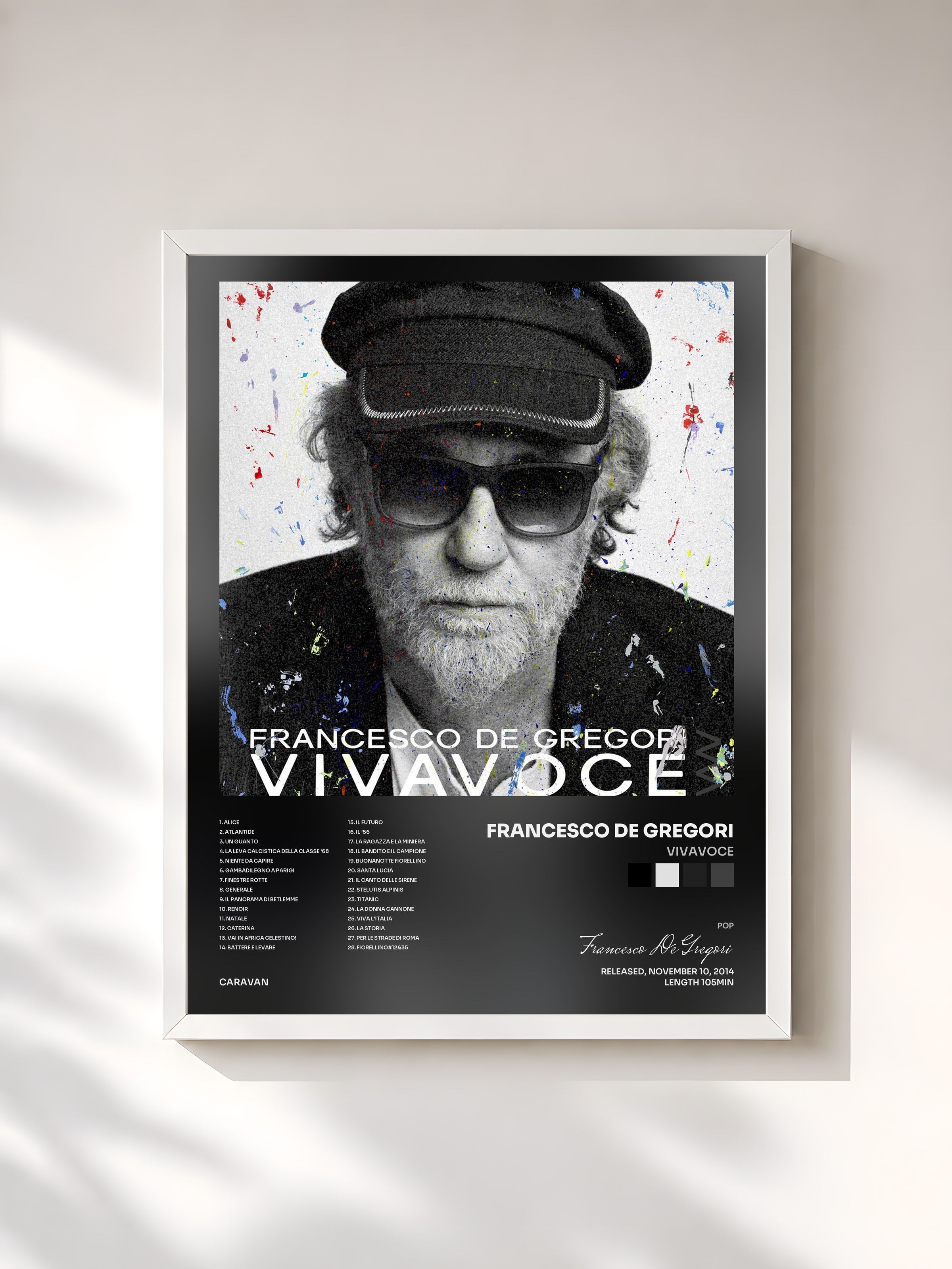 #blanc Tableau de l'album Vivavoce de Francesco De Gregori, cadre blanc, imprimé et encadré en France