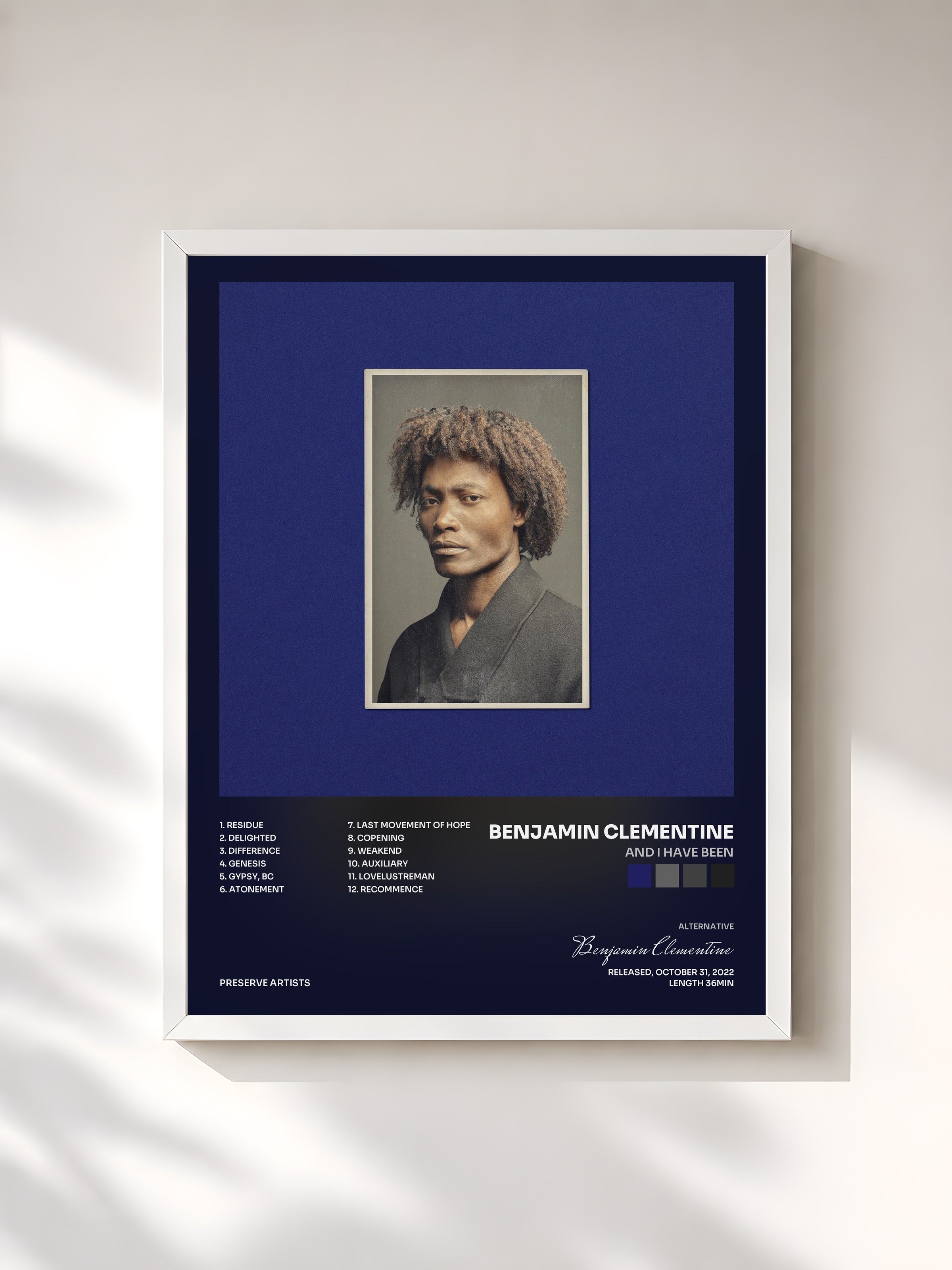 #blanc Tableau de l'album And I Have Been de Benjamin Clementine, cadre blanc, imprimé et encadré en France