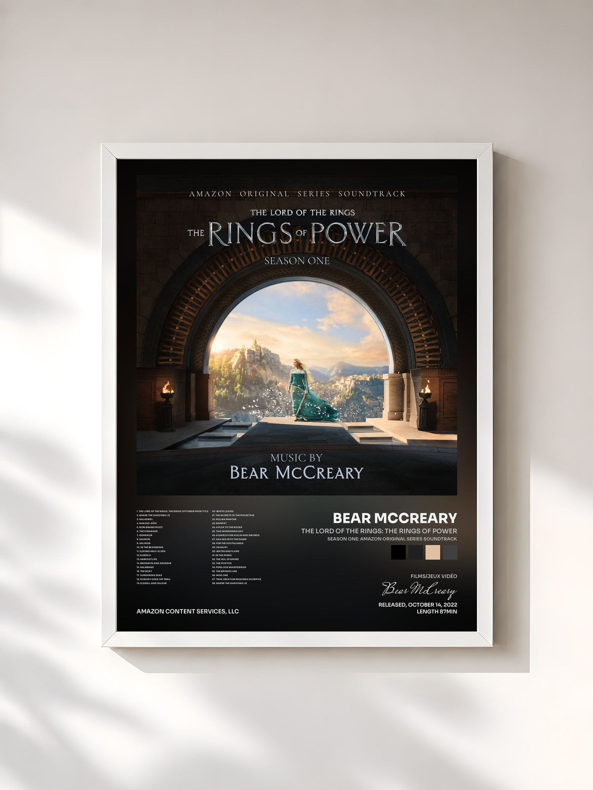 #blanc Tableau de l'album The Lord of the Rings: The Rings of Power (Season One: Amazon Original Series Soundtrack) de Bear McCreary, cadre blanc, imprimé et encadré en France