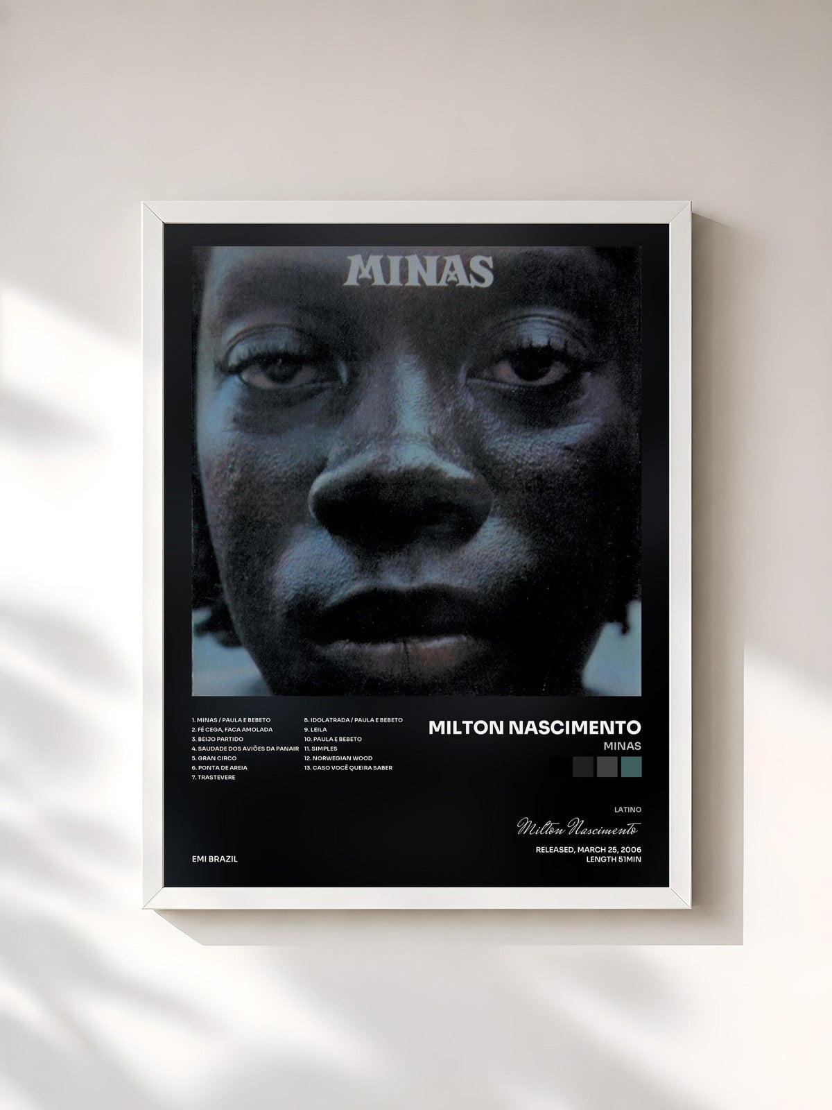 #blanc Tableau de l'album Minas de Milton Nascimento, cadre blanc, imprimé et encadré en France
