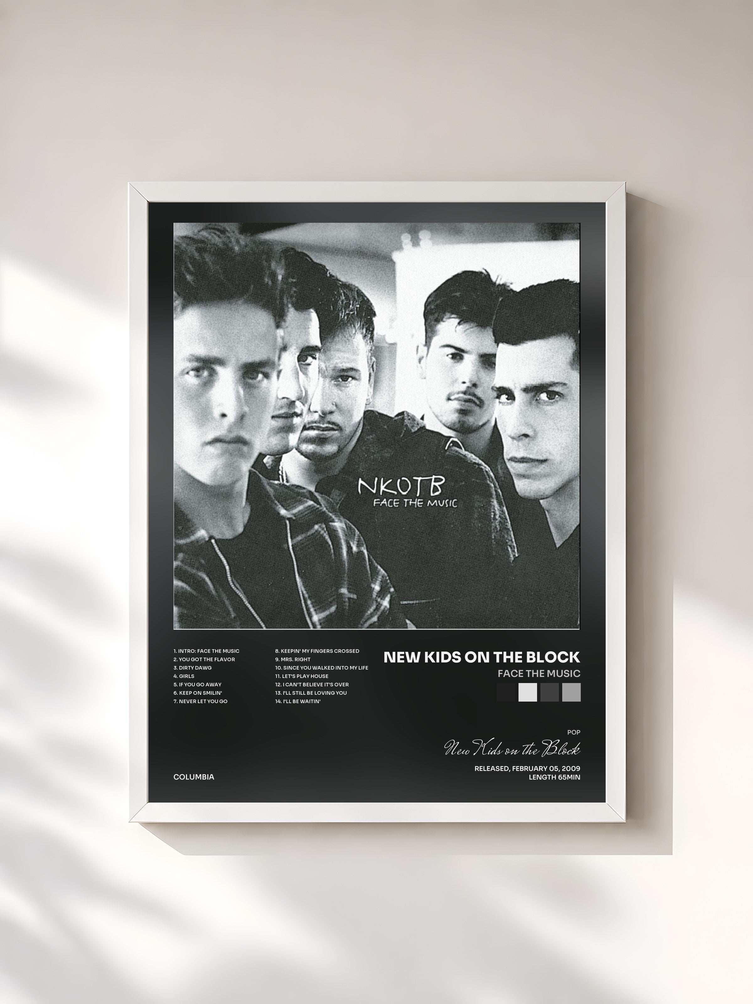#blanc Tableau de l'album Face The Music de New Kids on the Block, cadre blanc, imprimé et encadré en France