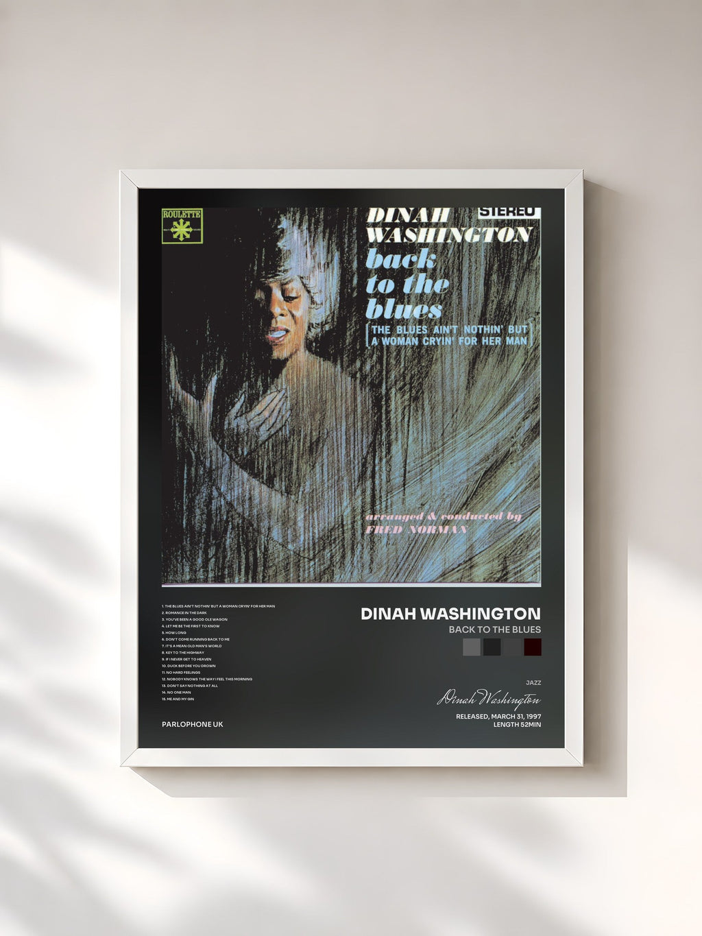 #blanc Back To The Blues de Dinah Washington en lámina enmarcada, marco blanco, impresa y enmarcada en Francia