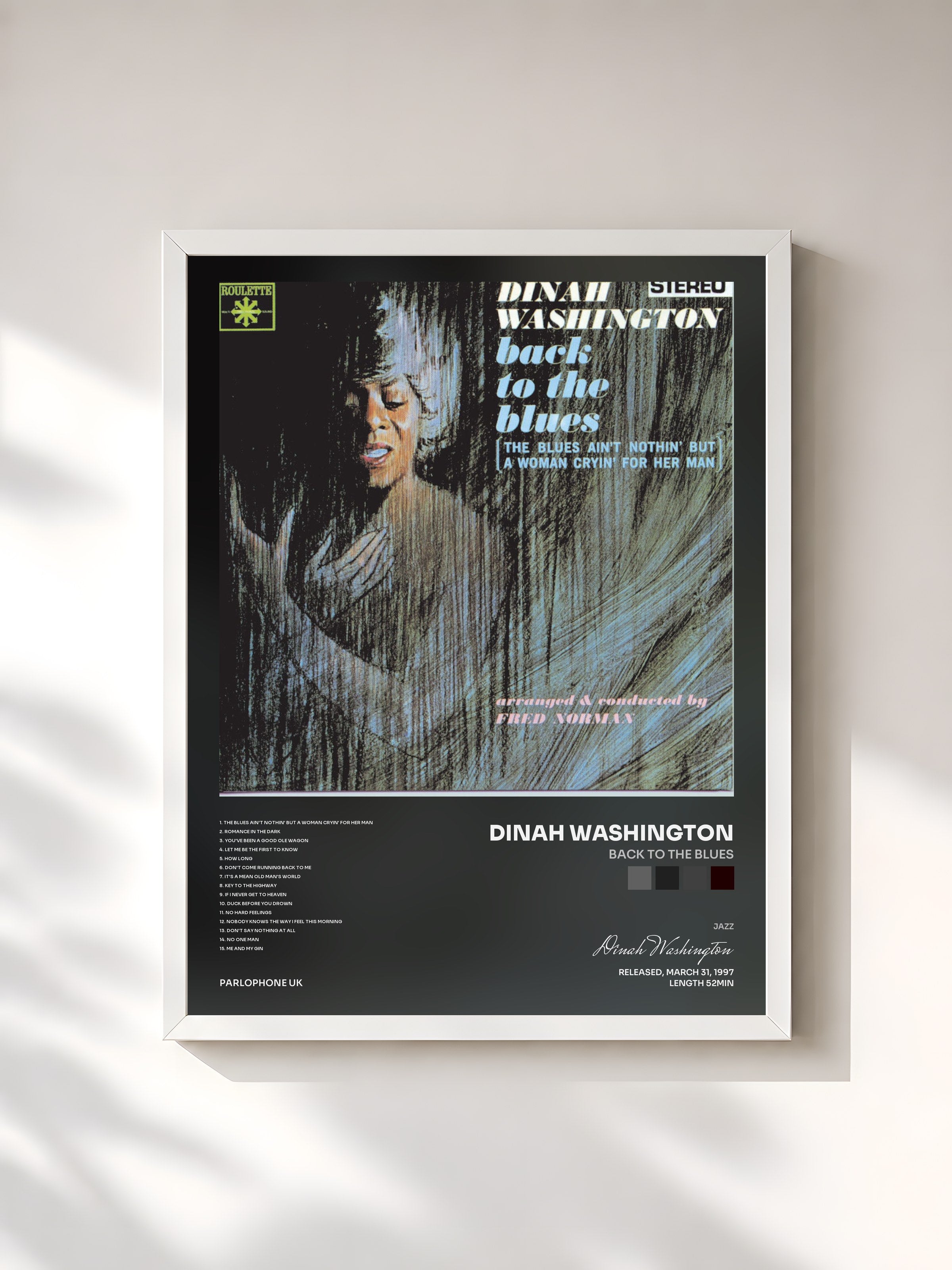 #blanc Tableau de l'album Back To The Blues de Dinah Washington, cadre blanc, imprimé et encadré en France