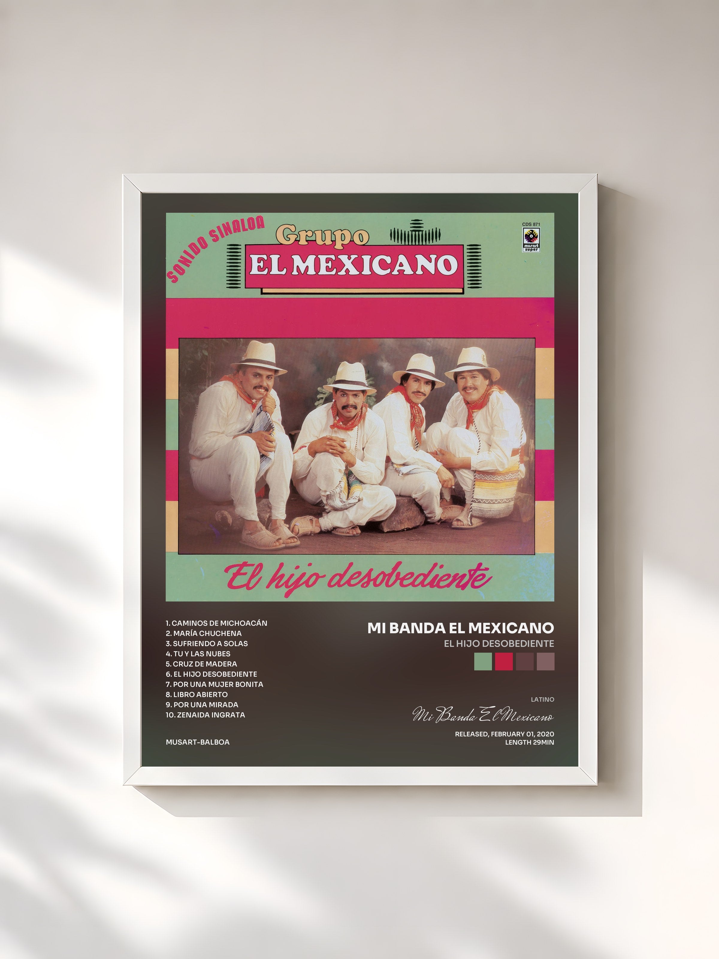 #blanc Tableau de l'album El Hijo Desobediente de Mi Banda El Mexicano, cadre blanc, imprimé et encadré en France