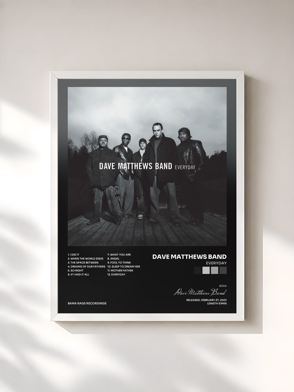 #blanc Tableau de l'album Everyday de Dave Matthews Band, cadre blanc, imprimé et encadré en France