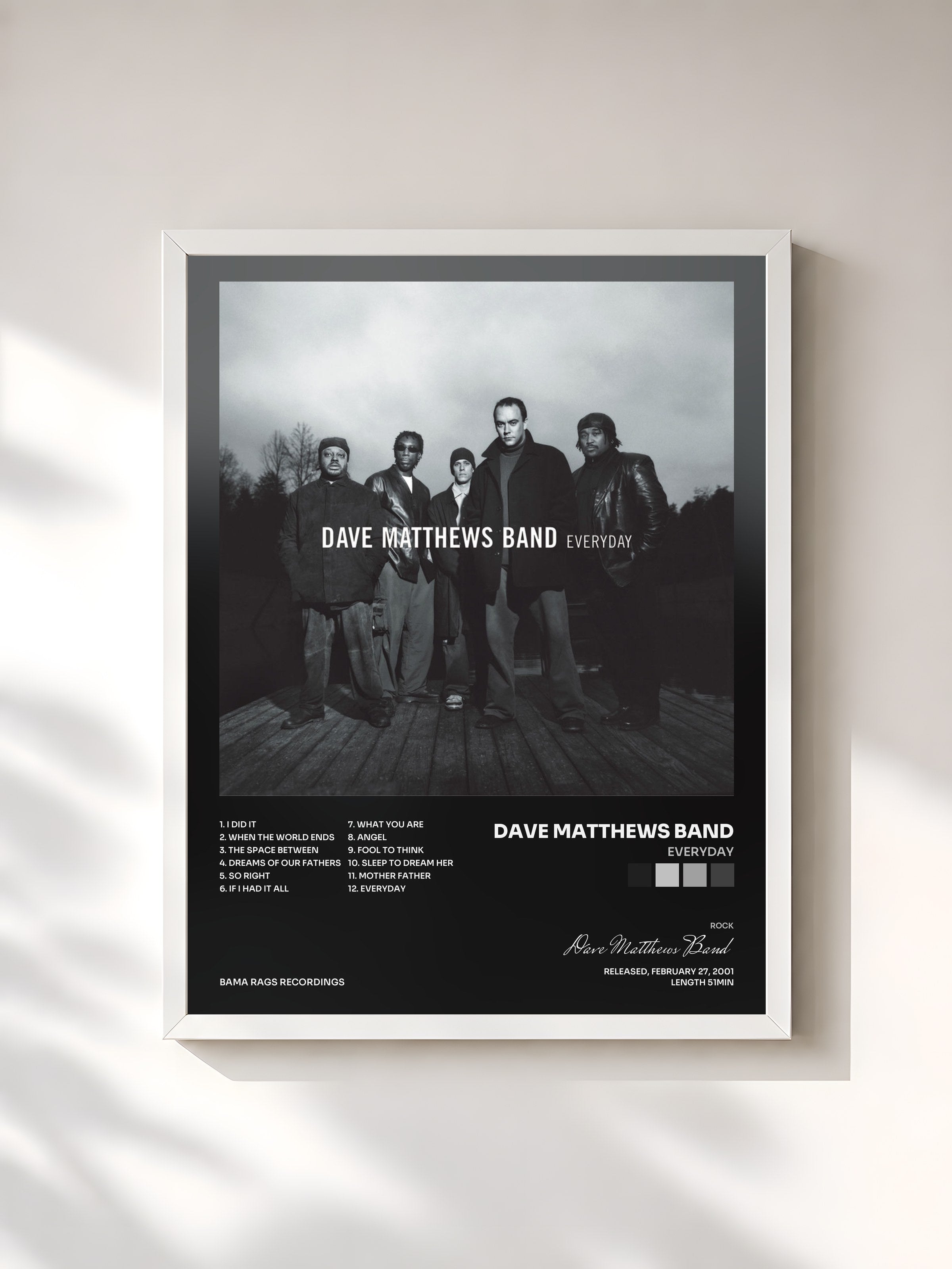 #blanc Tableau de l'album Everyday de Dave Matthews Band, cadre blanc, imprimé et encadré en France