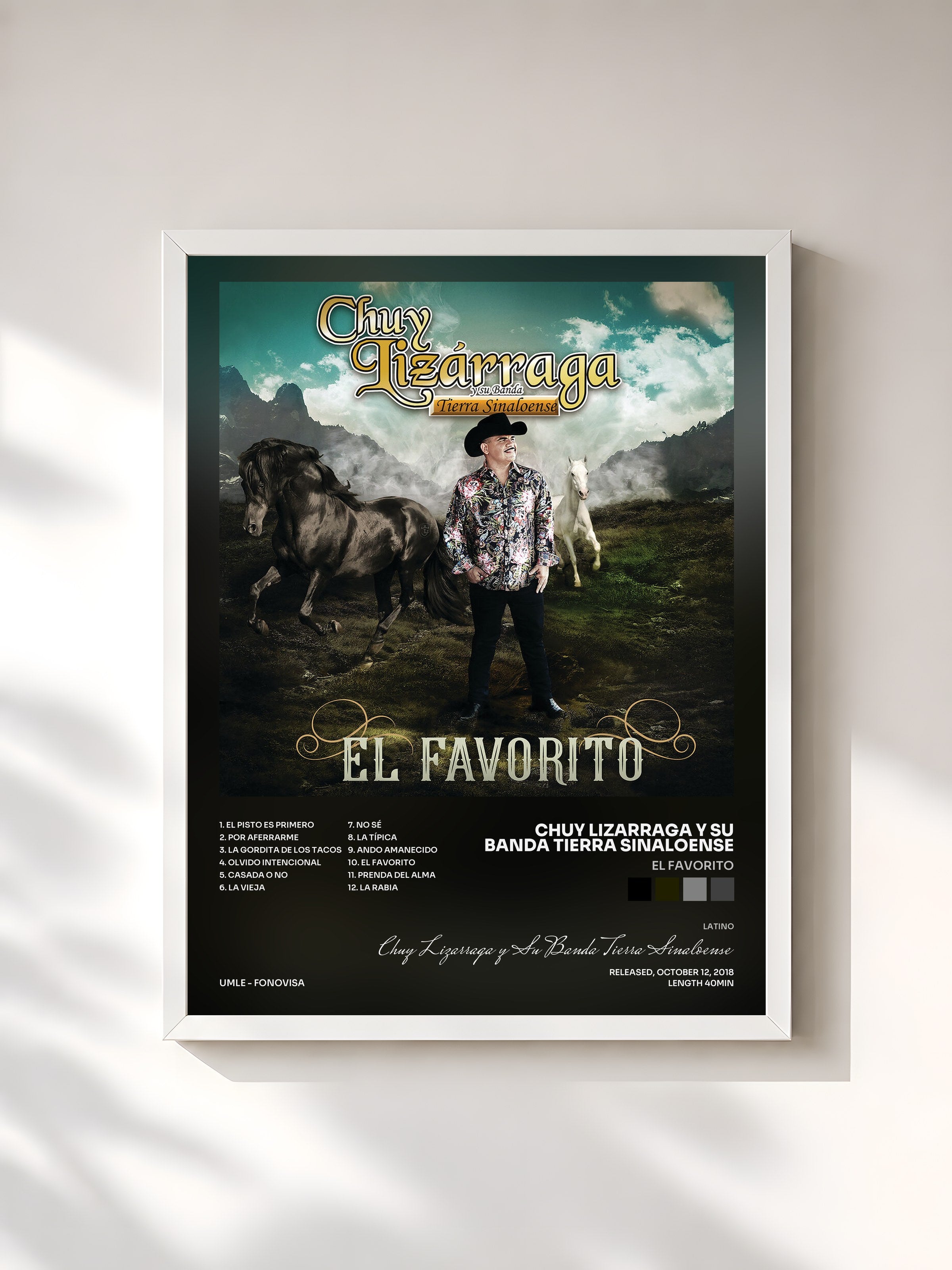#blanc Tableau de l'album El Favorito de Chuy Lizarraga y Su Banda Tierra Sinaloense, cadre blanc, imprimé et encadré en France