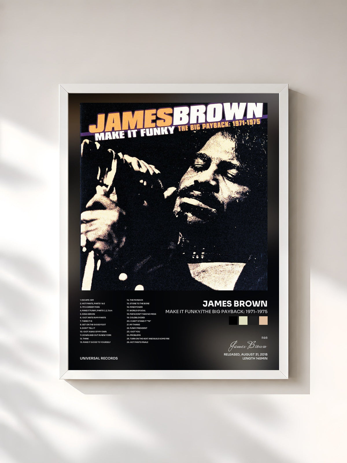#blanc Tableau de l'album Make It Funky/The Big Payback: 1971-1975 de James Brown, cadre blanc, imprimé et encadré en France