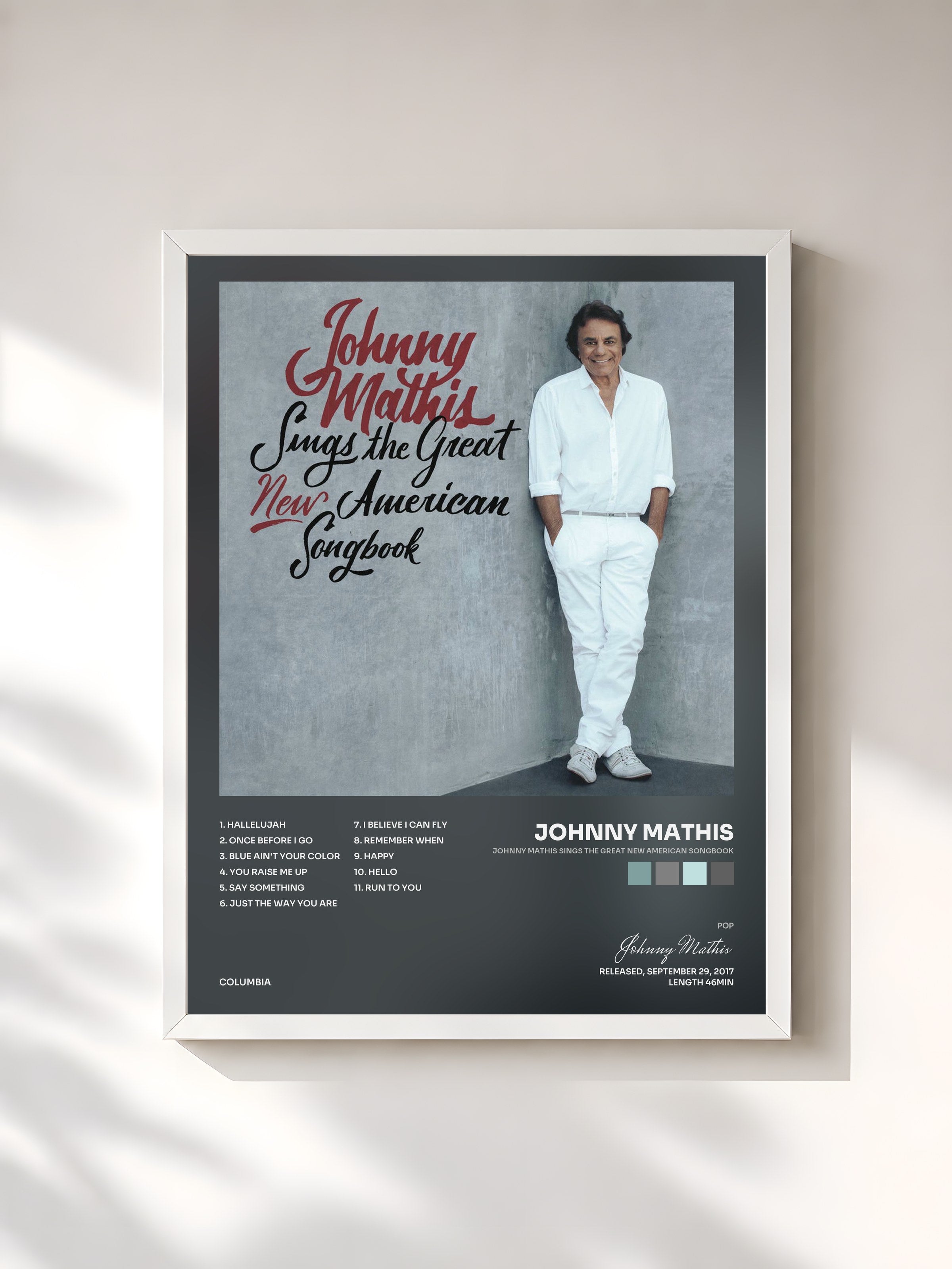 #blanc Tableau de l'album Johnny Mathis Sings The Great New American Songbook de Johnny Mathis, cadre blanc, imprimé et encadré en France