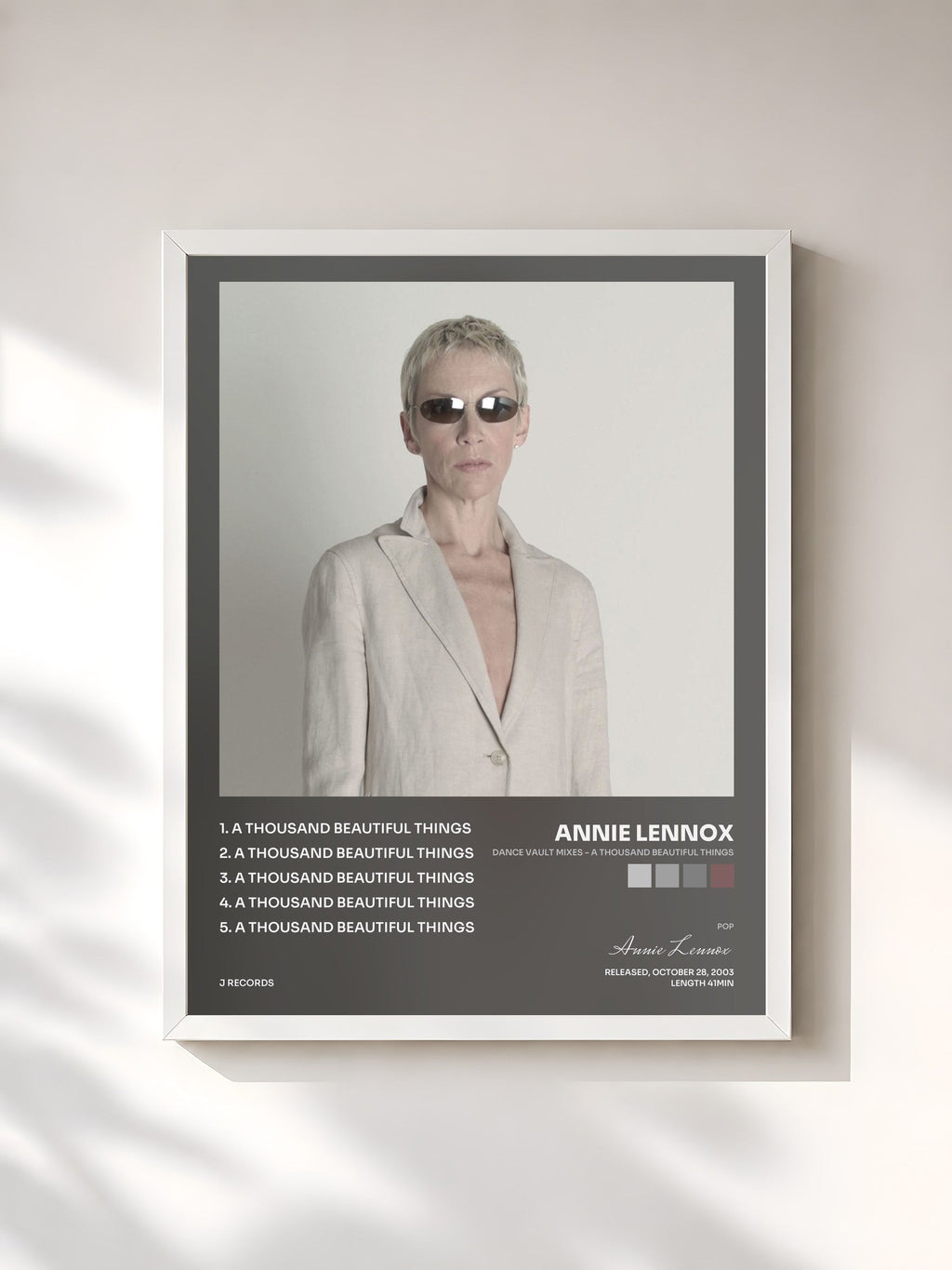#blanc Tableau de l'album Dance Vault Mixes - A Thousand Beautiful Things de Annie Lennox, cadre blanc, imprimé et encadré en France