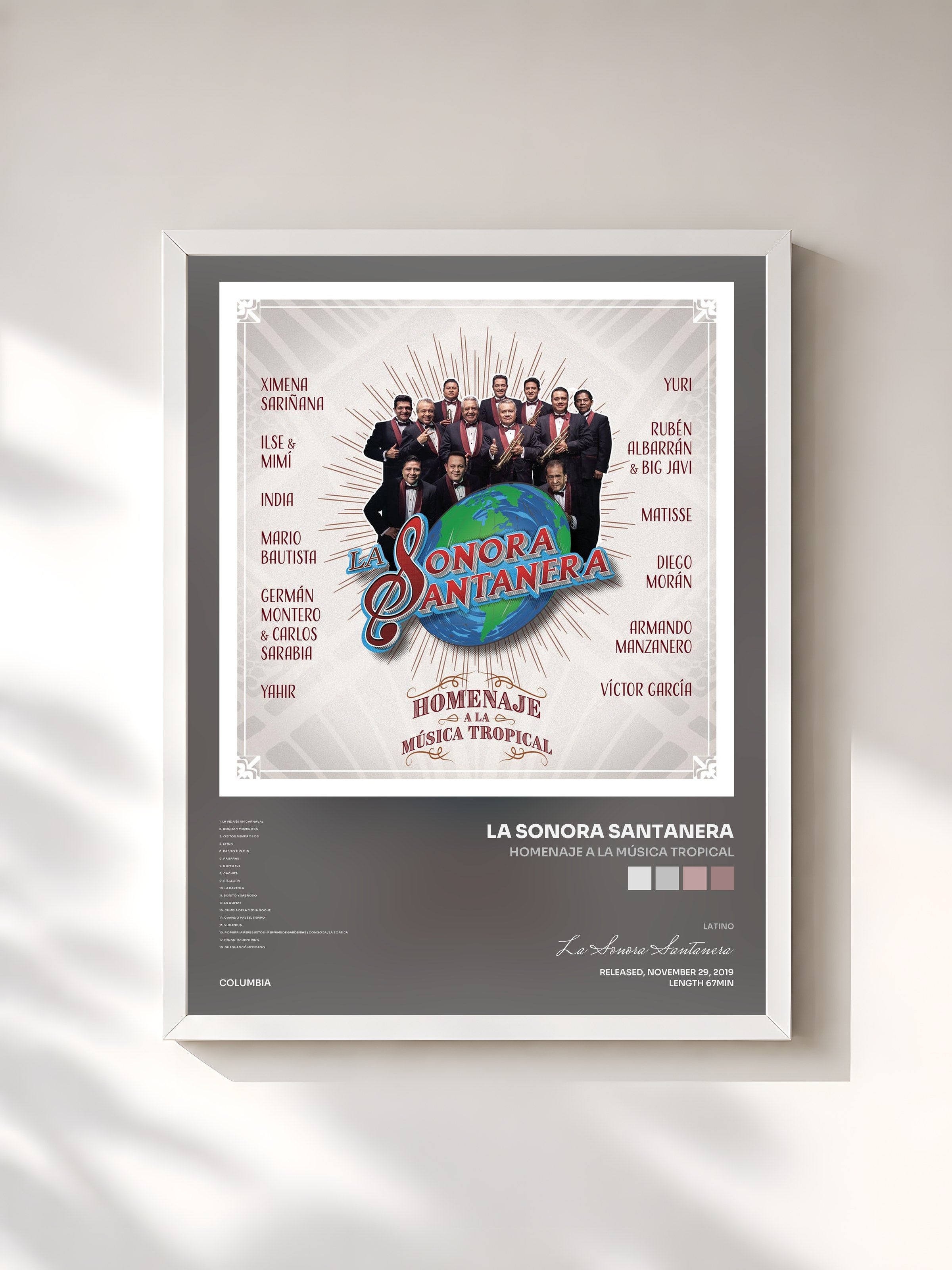 #blanc Tableau de l'album Homenaje a la Música Tropical de La Sonora Santanera, cadre blanc, imprimé et encadré en France