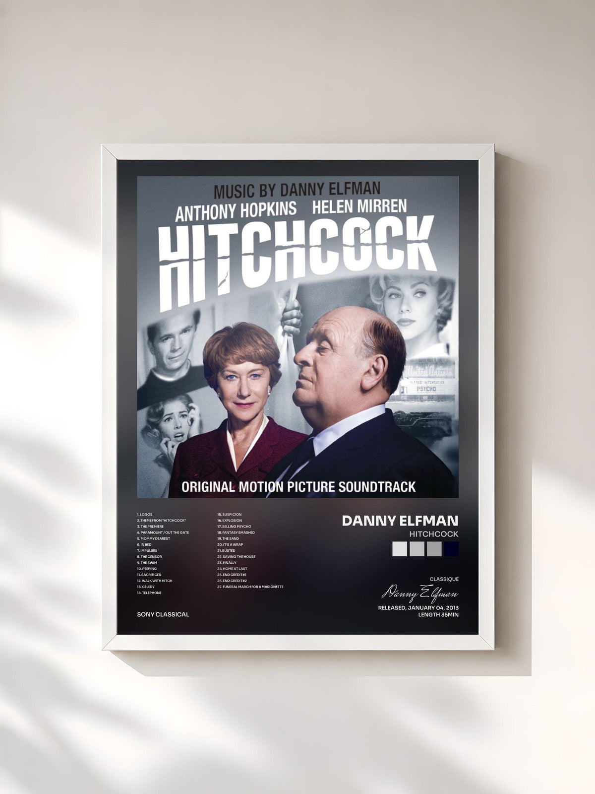 #blanc Tableau de l'album Hitchcock de Danny Elfman, cadre blanc, imprimé et encadré en France