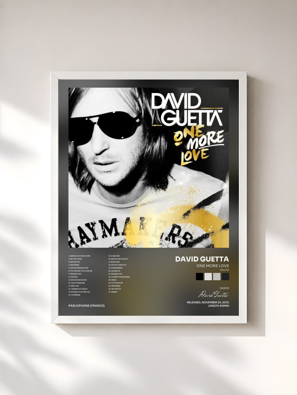#blanc Tableau de l'album One More Love (Deluxe) de David Guetta, cadre blanc, imprimé et encadré en France