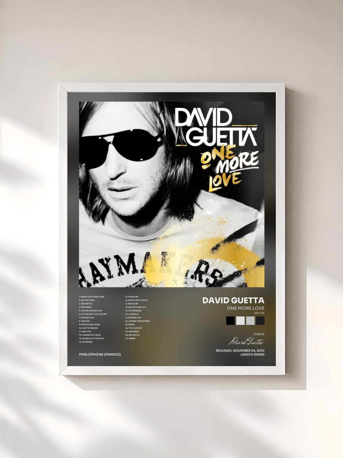 #blanc Tableau de l'album One More Love (Deluxe) de David Guetta, cadre blanc, imprimé et encadré en France
