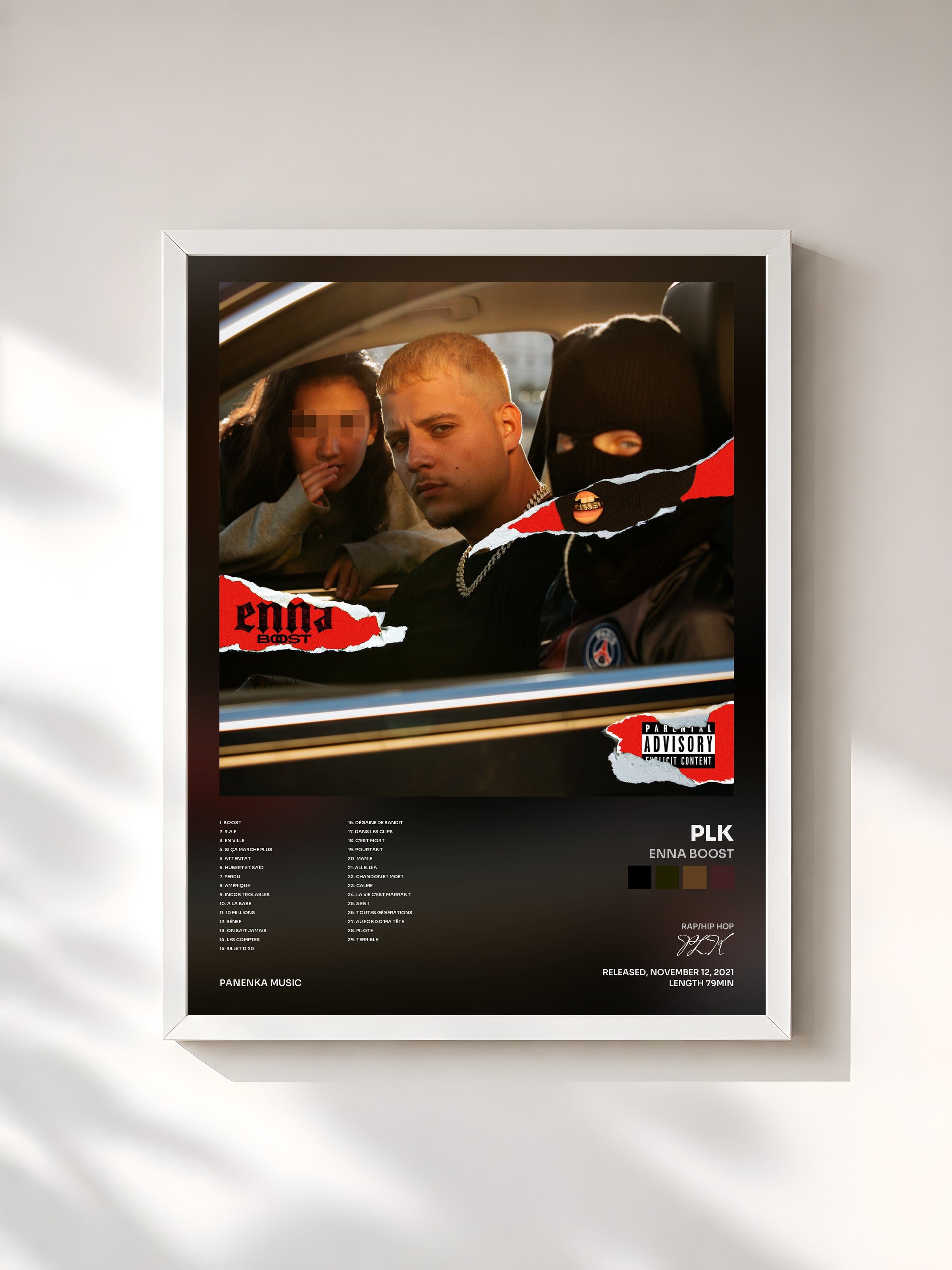 #blanc Tableau de l'album Enna Boost de PLK, cadre blanc, imprimé et encadré en France
