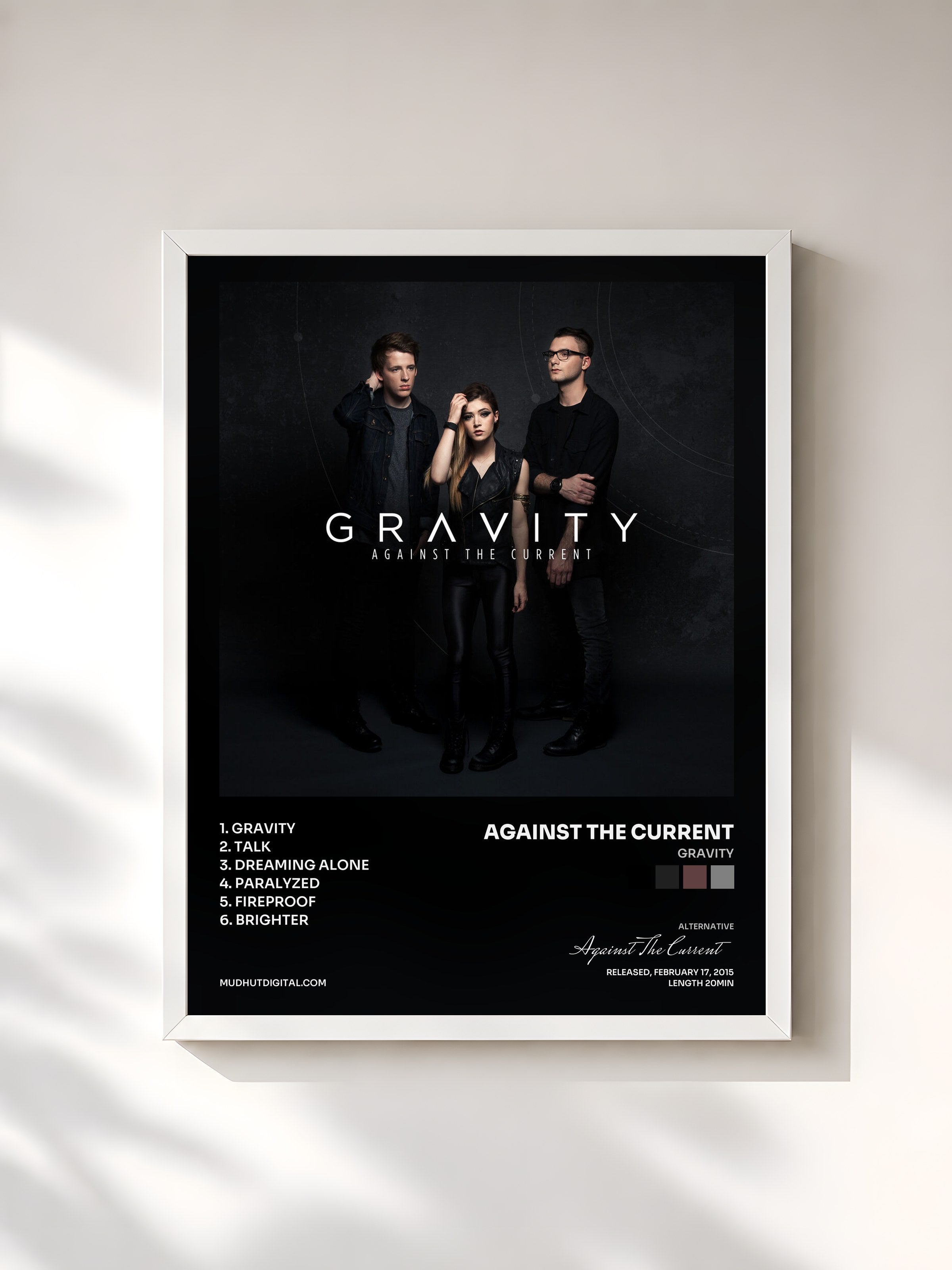 #blanc Tableau de l'album Gravity de Against The Current, cadre blanc, imprimé et encadré en France