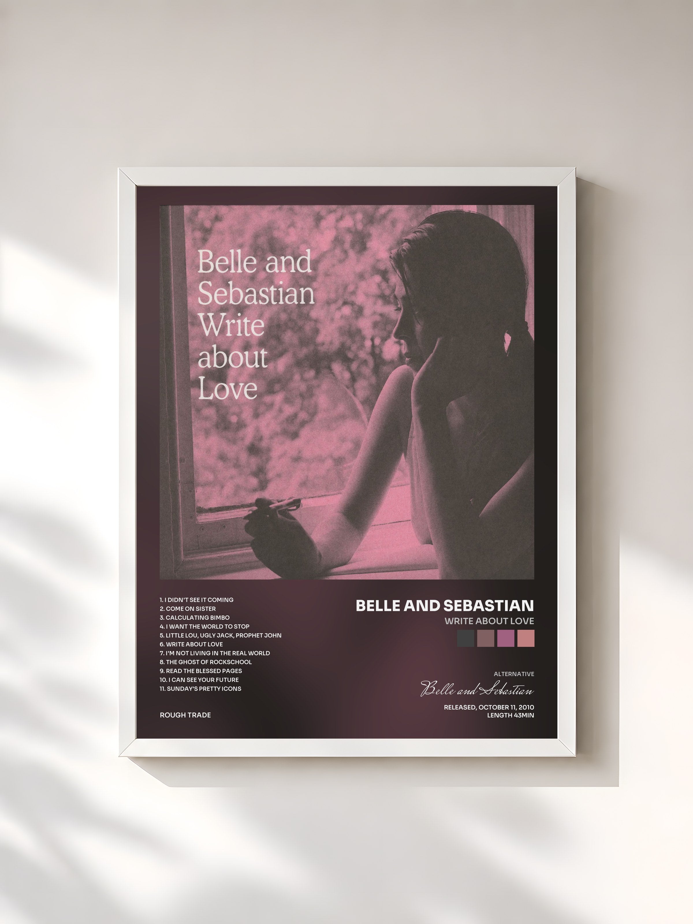 #blanc Tableau de l'album Write About Love de Belle and Sebastian, cadre blanc, imprimé et encadré en France