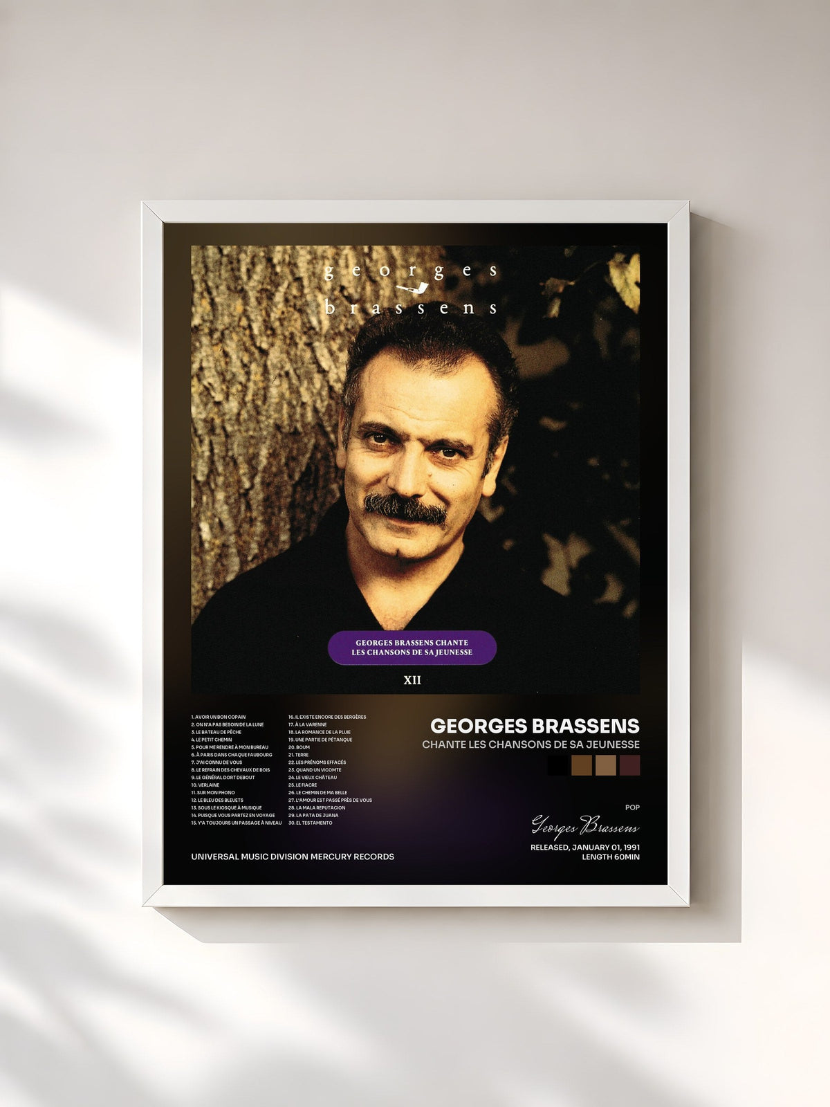 #blanc Chante Les Chansons De Sa Jeunesse di Georges Brassens in stampa incorniciata, cornice bianca, stampata e incorniciata in Francia