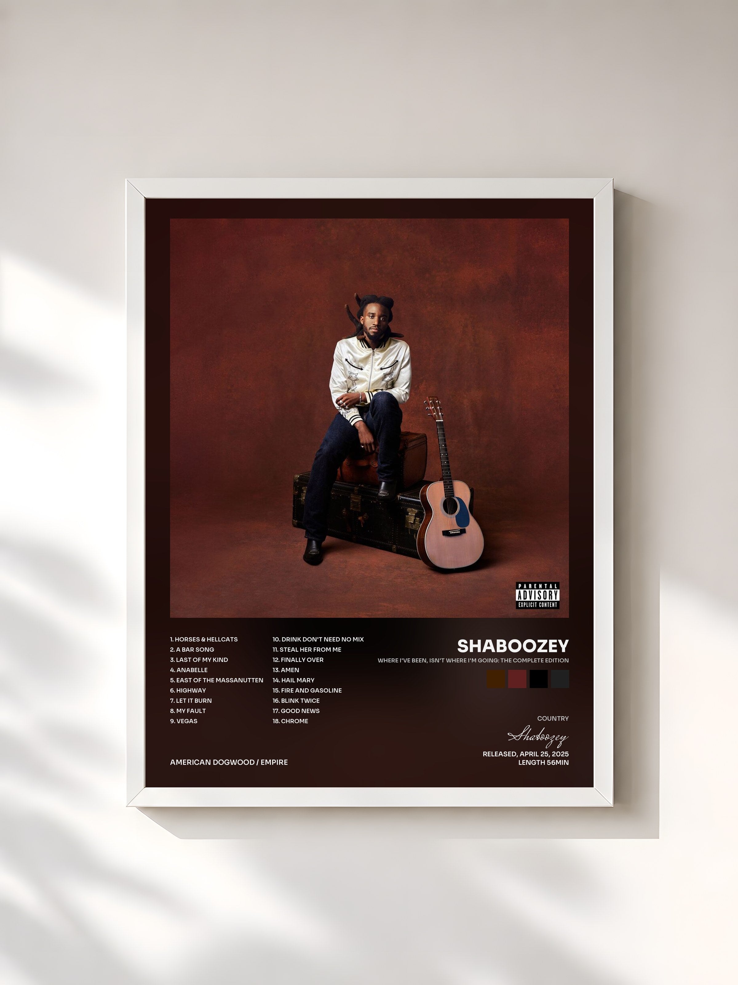 #blanc Tableau de l'album Where I've Been, Isn't Where I'm Going: The Complete Edition de Shaboozey, cadre blanc, imprimé et encadré en France