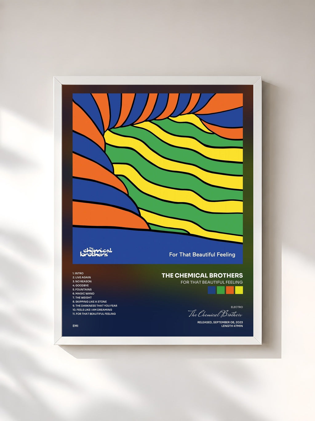 #blanc Tableau de l'album For That Beautiful Feeling de The Chemical Brothers, cadre blanc, imprimé et encadré en France