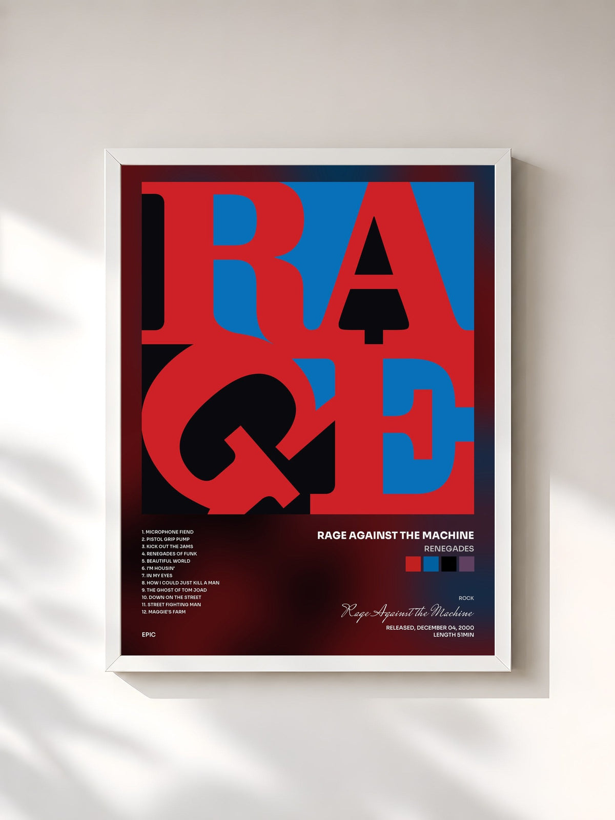 #blanc Tableau de l'album Renegades de Rage Against the Machine, cadre blanc, imprimé et encadré en France