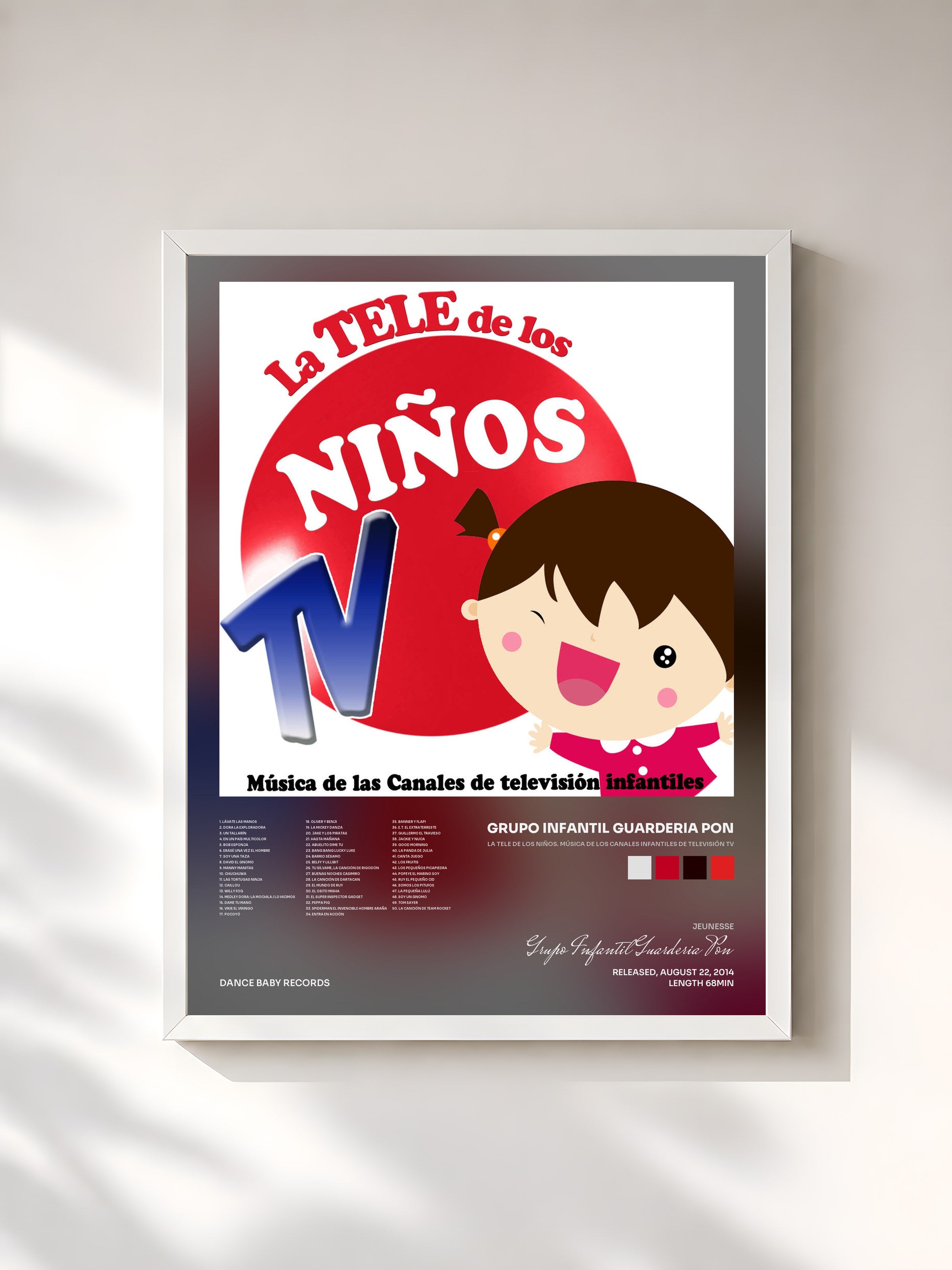 #blanc Tableau de l'album La Tele de los Niños. Música de los Canales Infantiles de Televisión Tv de Grupo Infantil Guarderia Pon, cadre blanc, imprimé et encadré en France