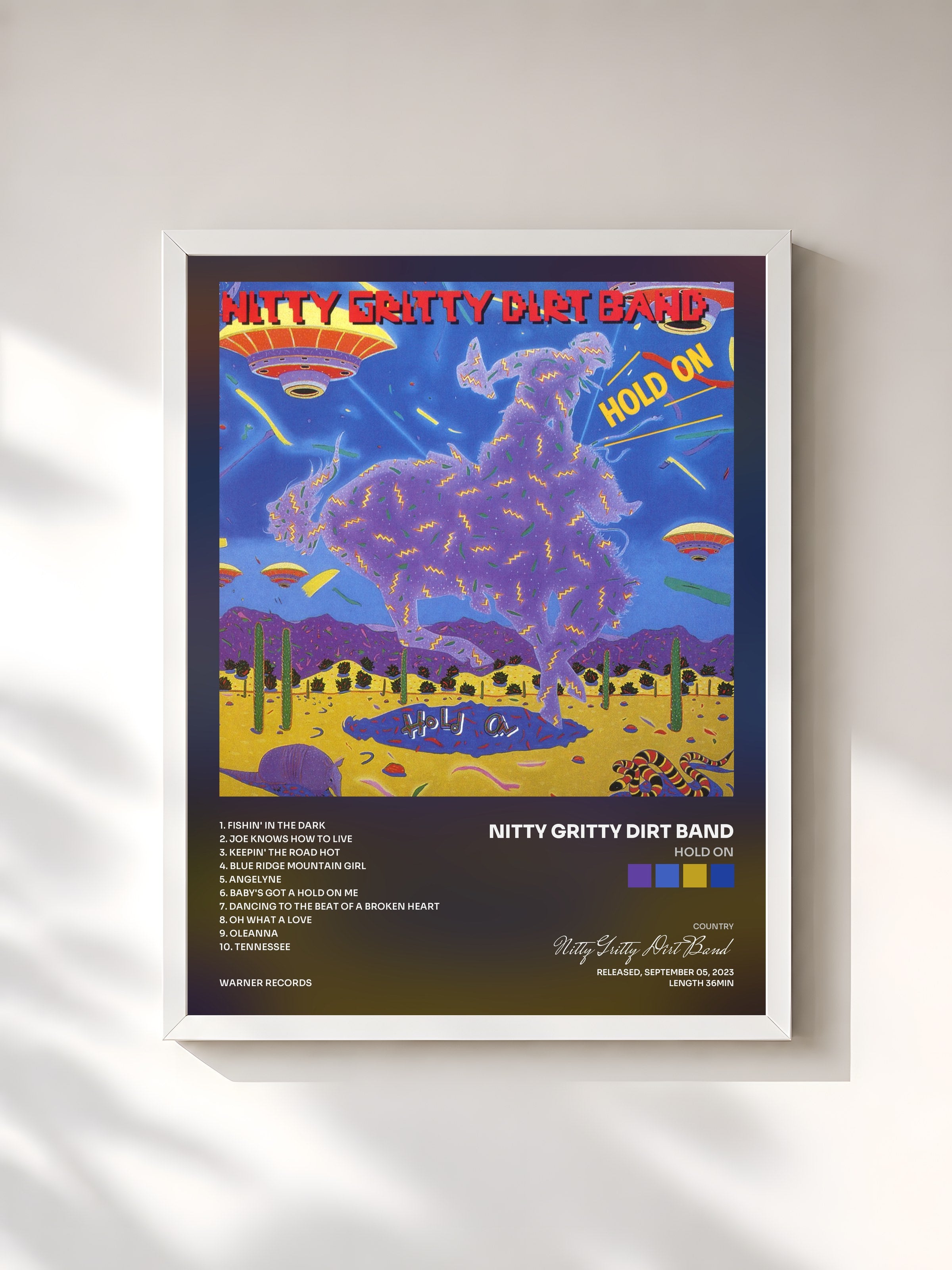 #blanc Tableau de l'album Hold On de Nitty Gritty Dirt Band, cadre blanc, imprimé et encadré en France