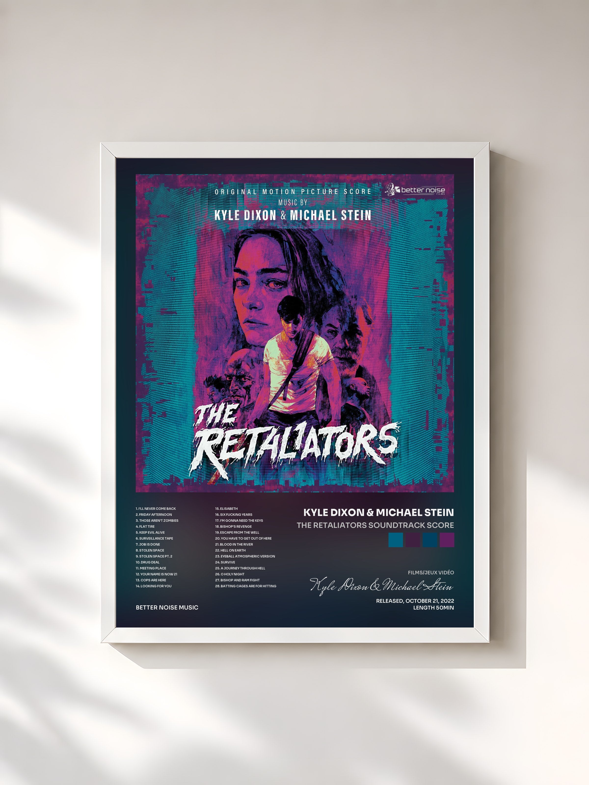 #blanc Tableau de l'album The Retaliators Soundtrack Score de Kyle Dixon & Michael Stein, cadre blanc, imprimé et encadré en France