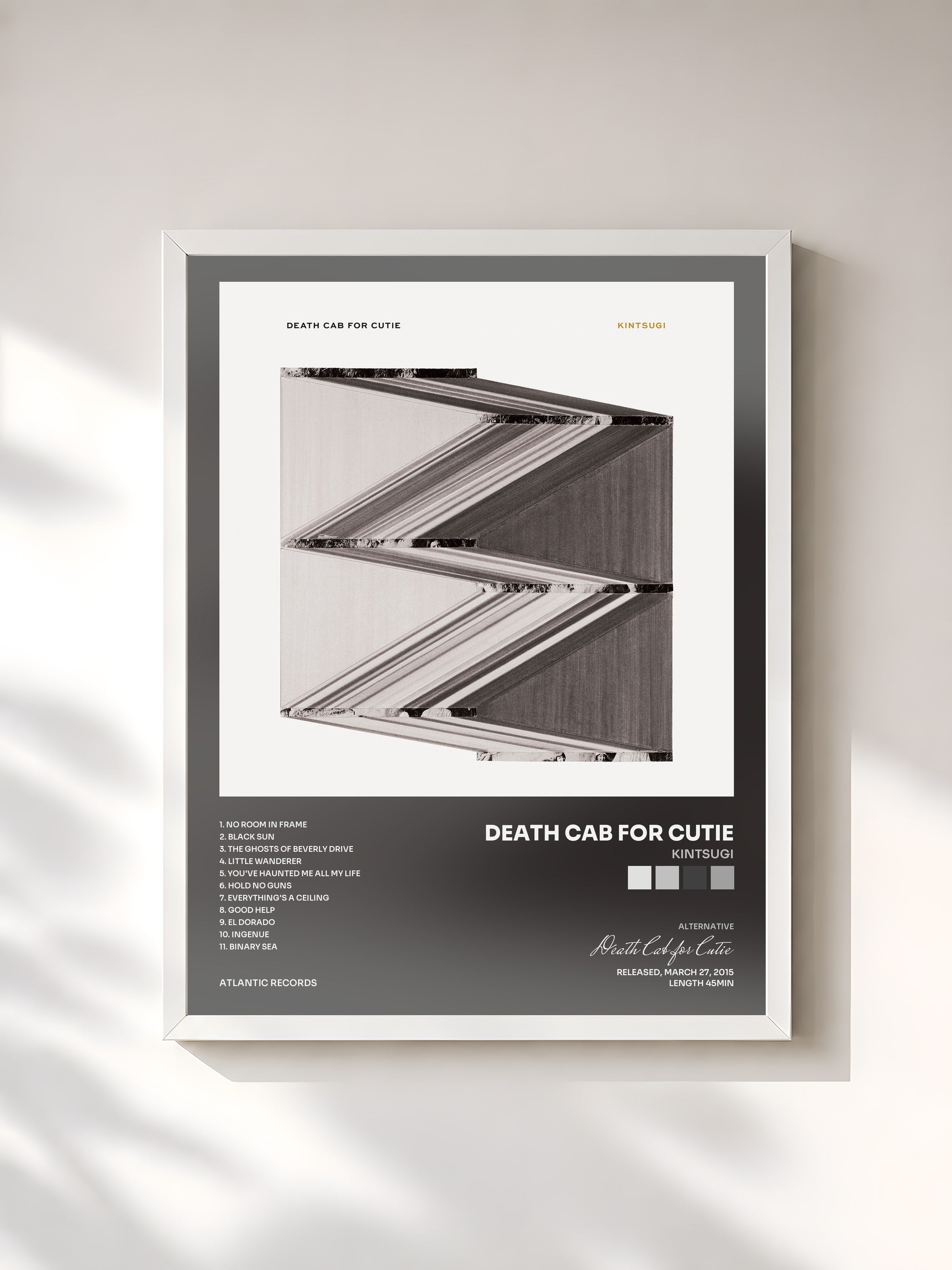 #blanc Tableau de l'album Kintsugi de Death Cab for Cutie, cadre blanc, imprimé et encadré en France