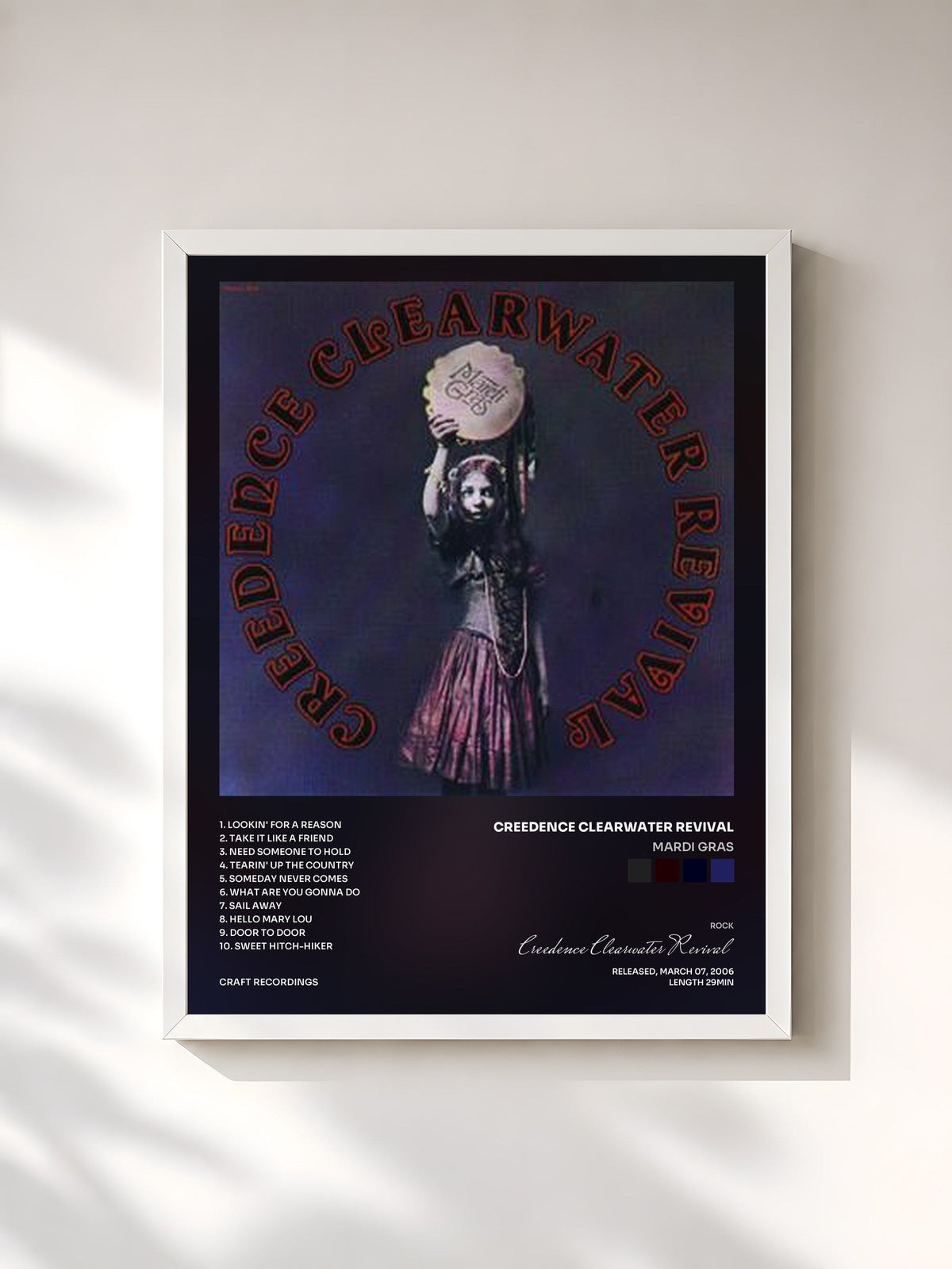 #blanc Mardi Gras by Creedence Clearwater Revival as a framed art print, white frame, printed and framed in France