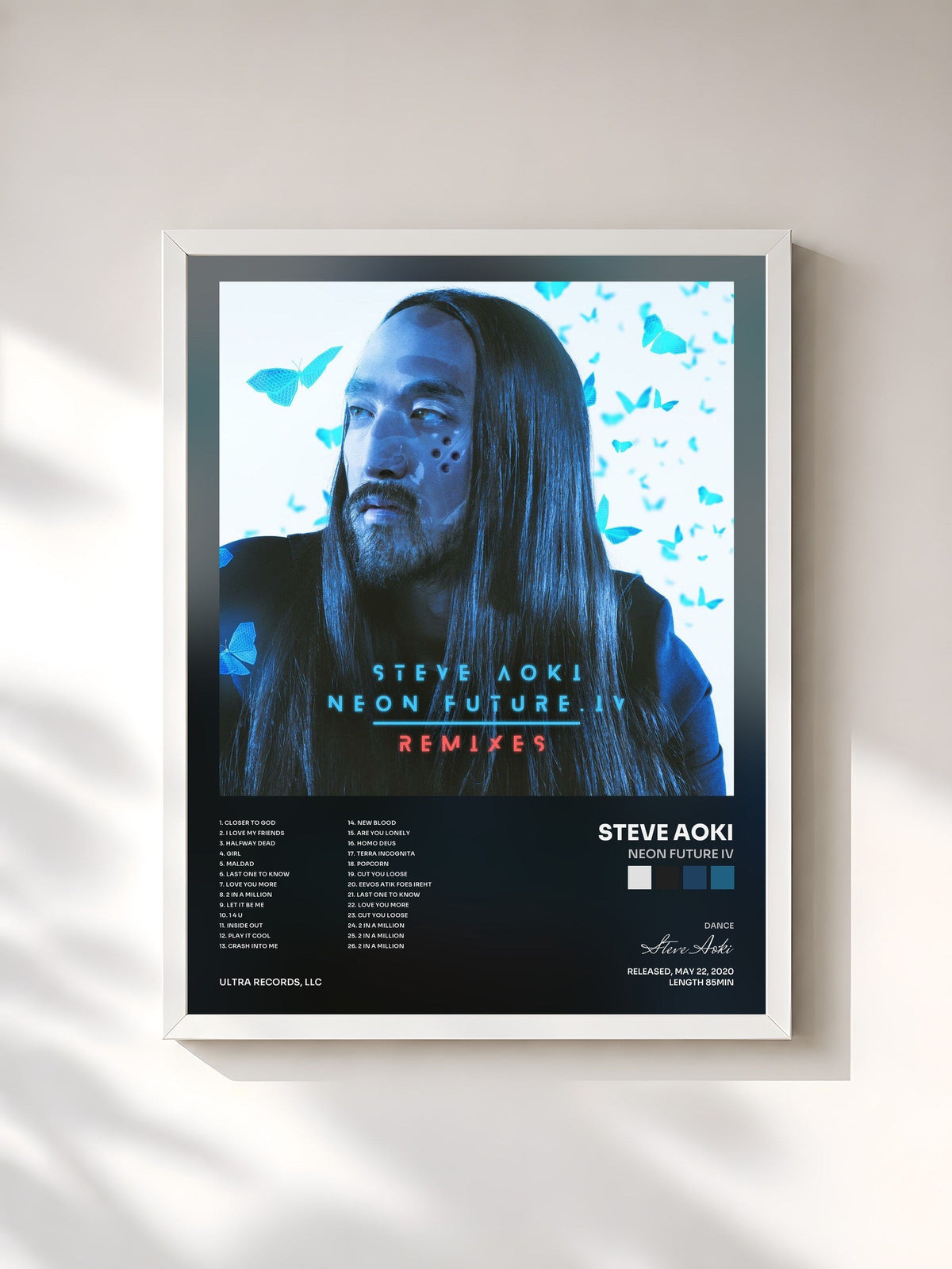 #blanc Tableau de l'album Neon Future IV de Steve Aoki, cadre blanc, imprimé et encadré en France