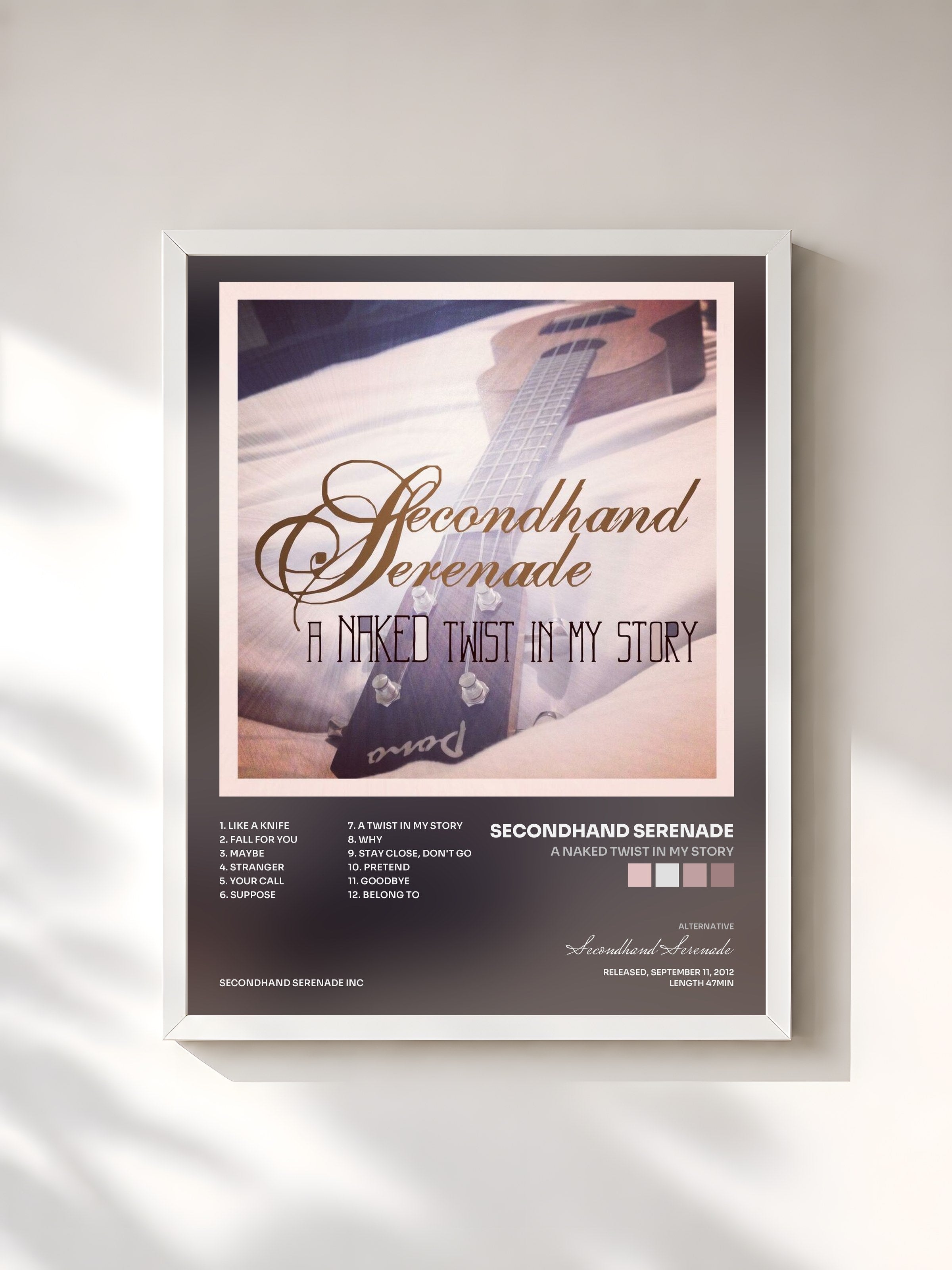 #blanc Tableau de l'album A Naked Twist in My Story de Secondhand Serenade, cadre blanc, imprimé et encadré en France