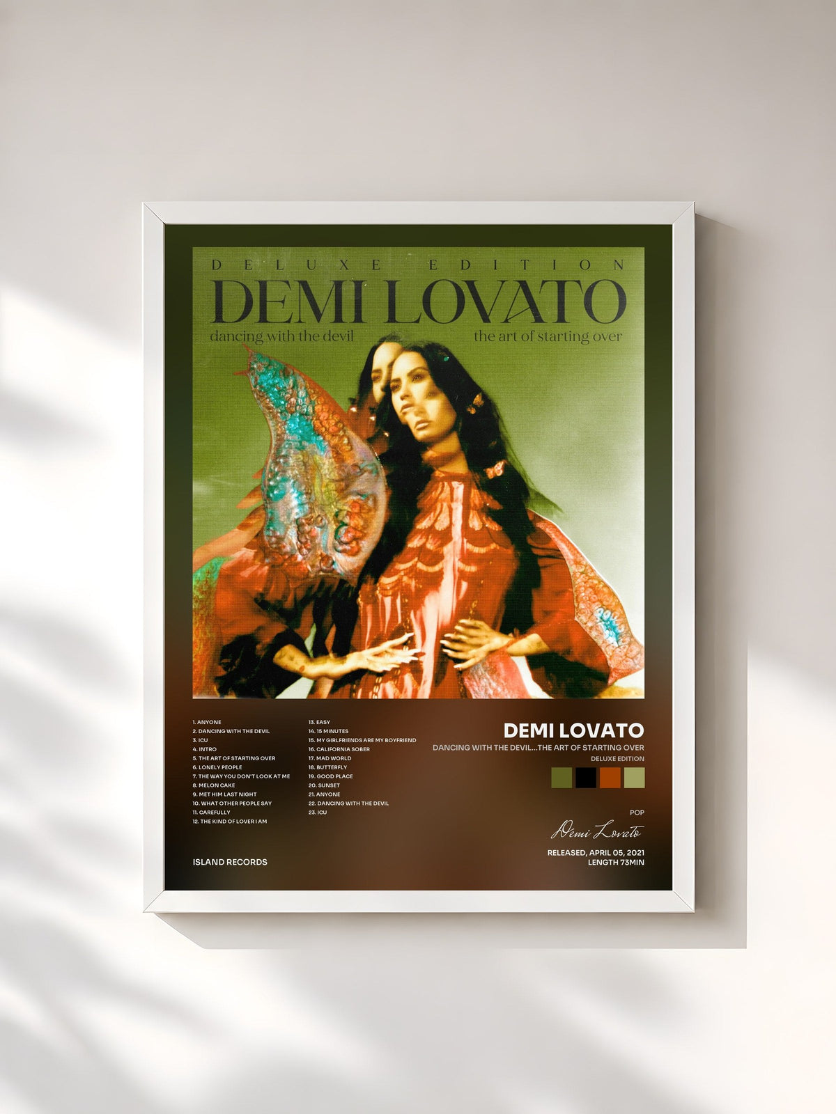 #blanc Tableau de l'album Dancing With The Devil…The Art of Starting Over (Deluxe Edition) de Demi Lovato, cadre blanc, imprimé et encadré en France