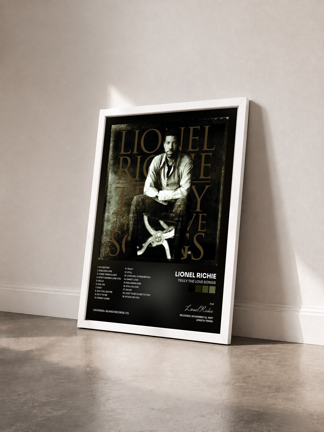 #blanc Tableau de l'album Truly The Love Songs de Lionel Richie vu de trois quarts, cadre blanc
