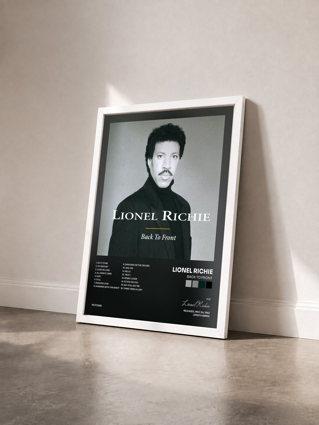 #blanc Tableau de l'album Back To Front de Lionel Richie vu de trois quarts, cadre blanc