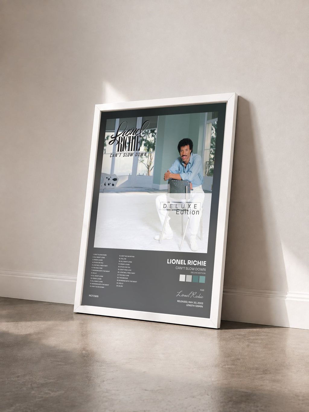 #blanc Can't Slow Down (Deluxe Edition) by Lionel Richie as a framed art print seen at an angle, white frame