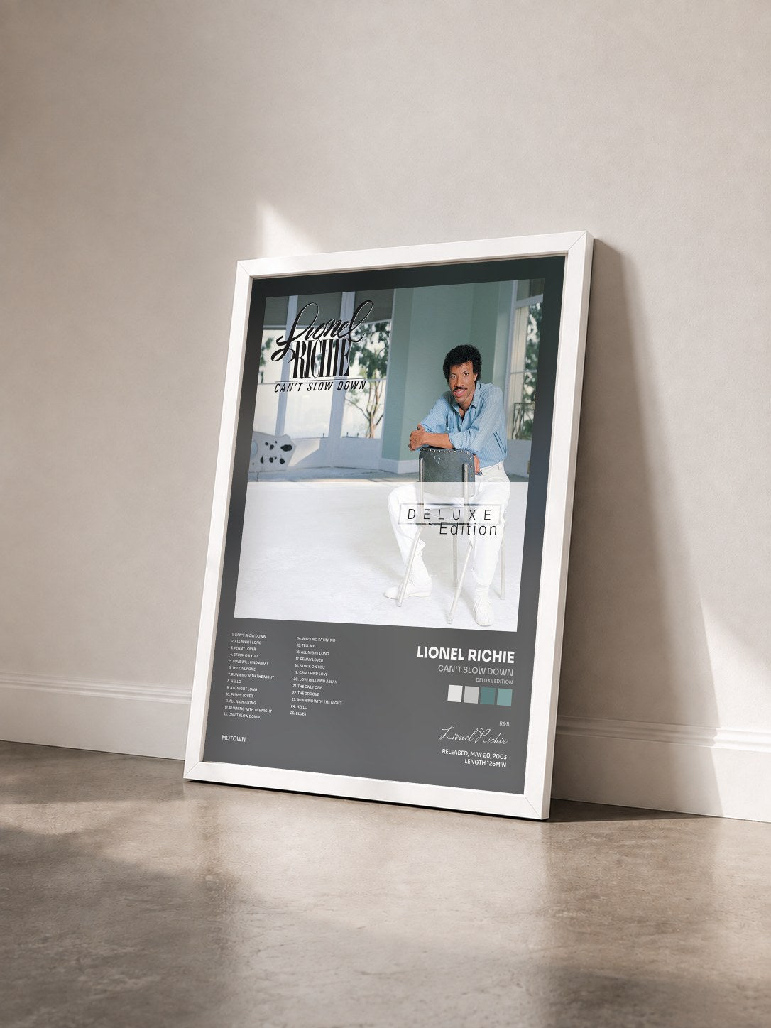 #blanc Tableau de l'album Can't Slow Down (Deluxe Edition) de Lionel Richie vu de trois quarts, cadre blanc