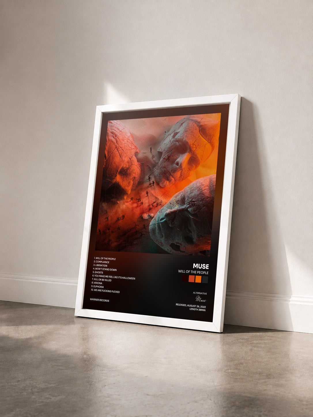 #blanc Will Of The People by Muse as a framed art print seen at an angle, white frame