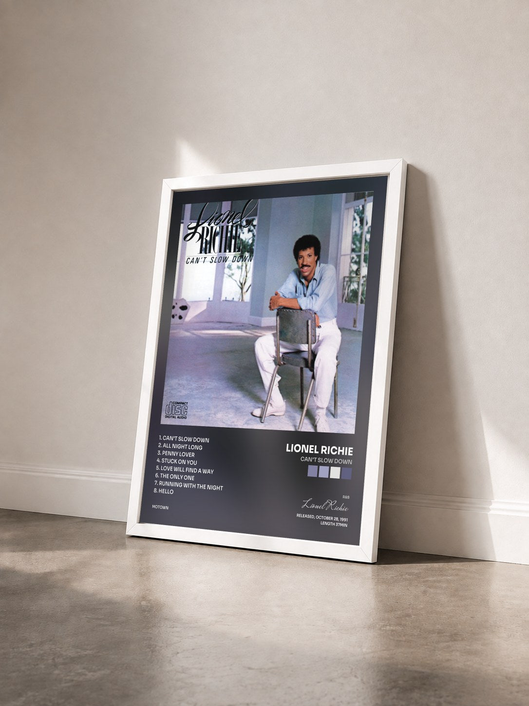 #blanc Tableau de l'album Can't Slow Down de Lionel Richie vu de trois quarts, cadre blanc