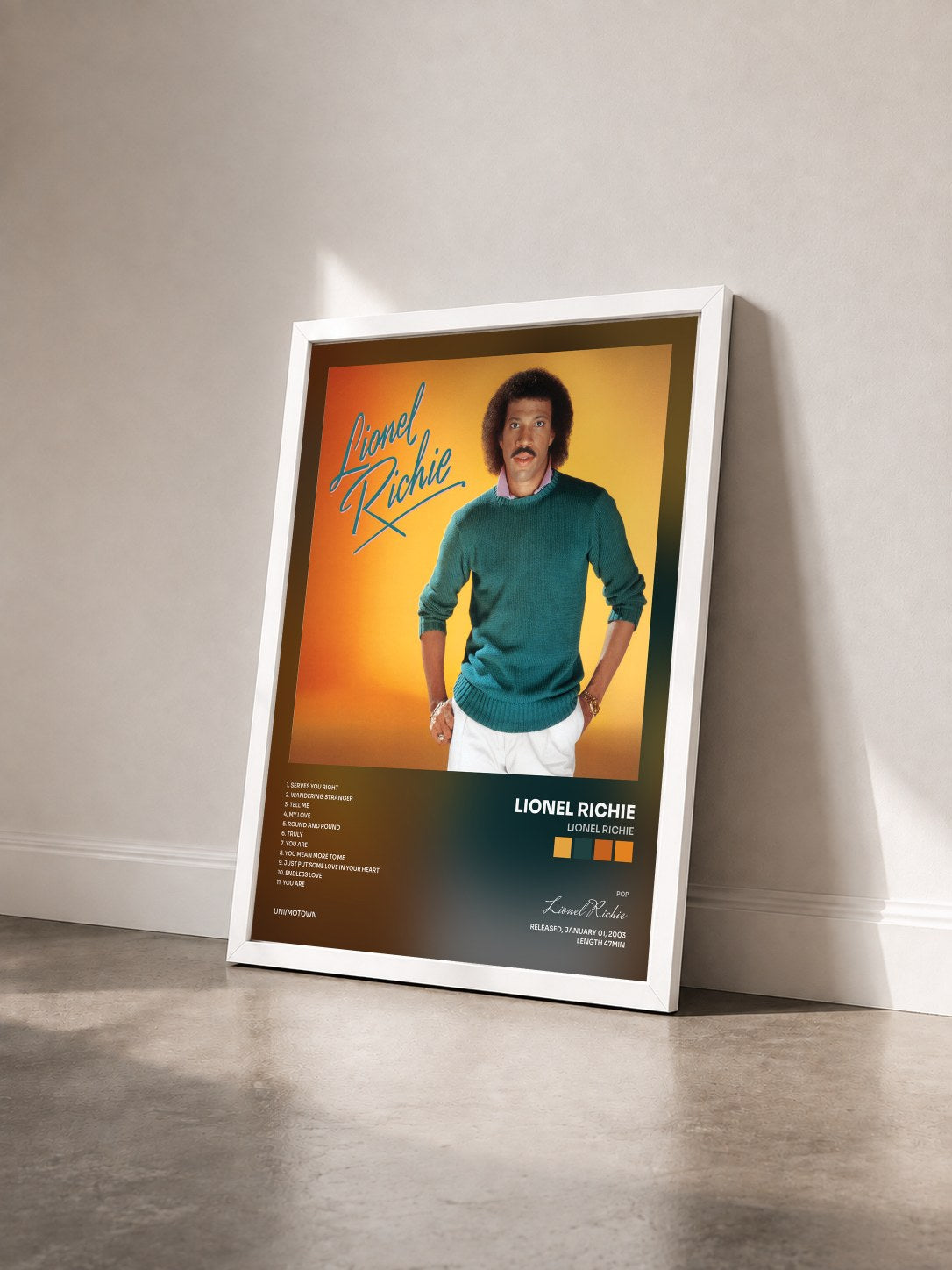 #blanc Tableau de l'album Lionel Richie de Lionel Richie vu de trois quarts, cadre blanc