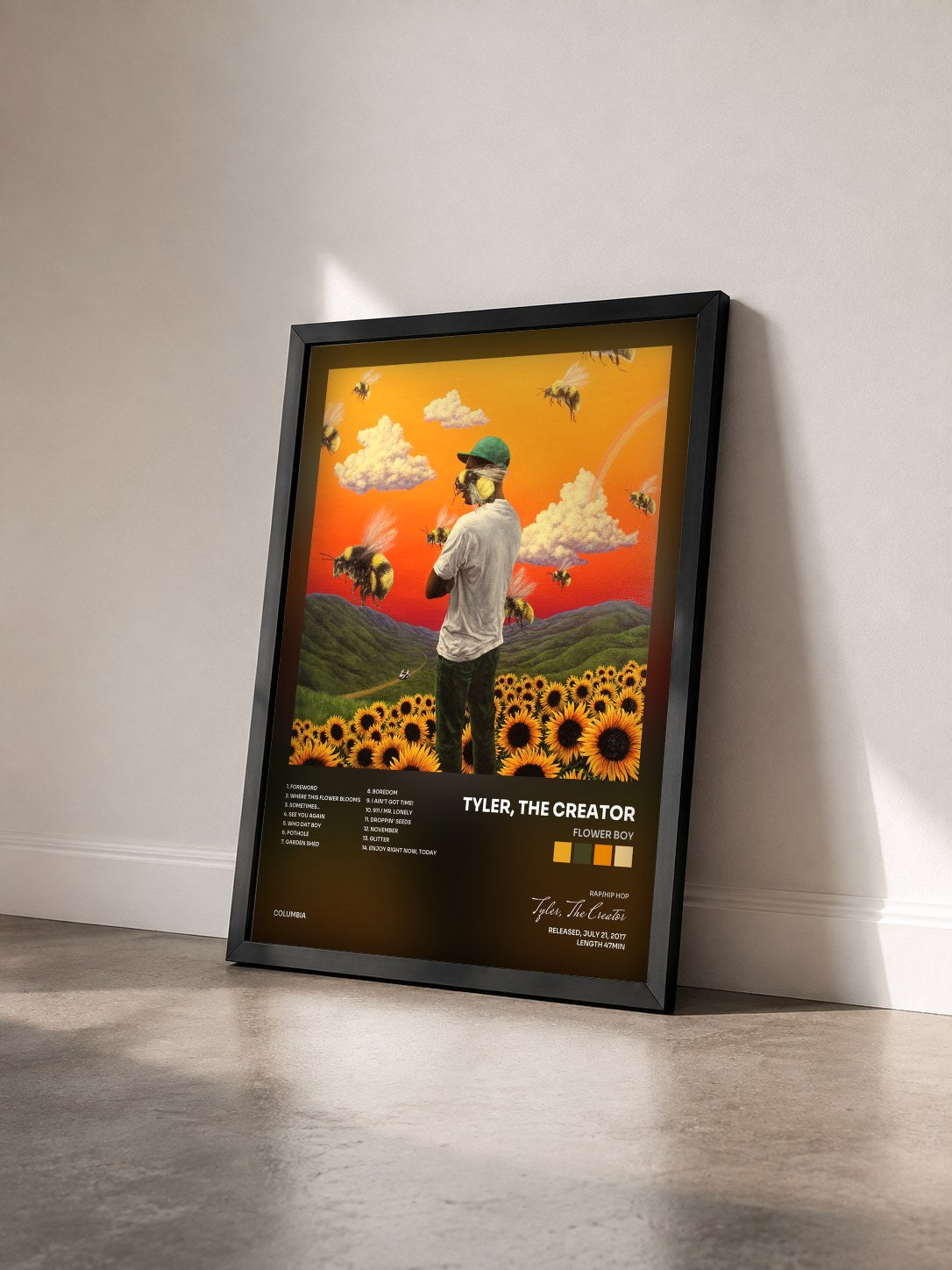 #noir Tableau de l'album Flower Boy de Tyler, The Creator vu de trois quarts, cadre noir