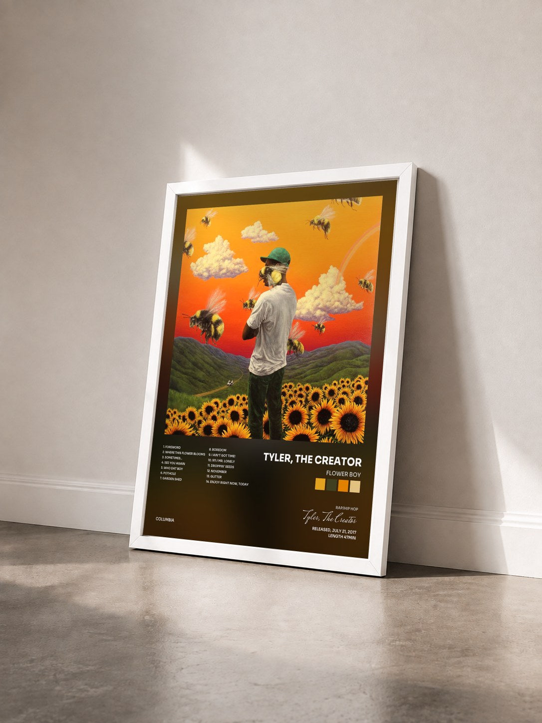 #blanc Tableau de l'album Flower Boy de Tyler, The Creator vu de trois quarts, cadre blanc