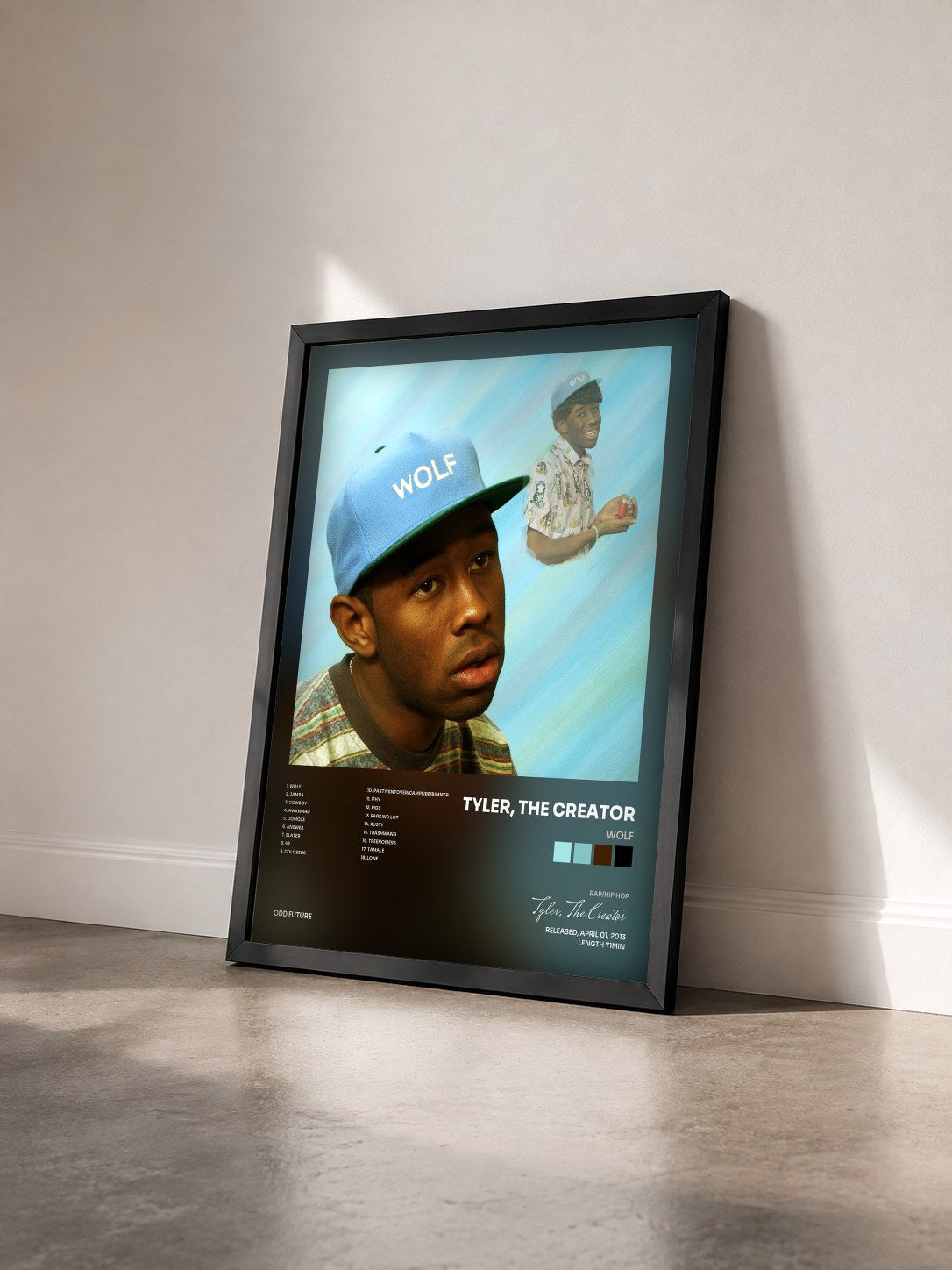 #noir Wolf de Tyler, The Creator en lámina enmarcada vista de tres cuartos, marco negro