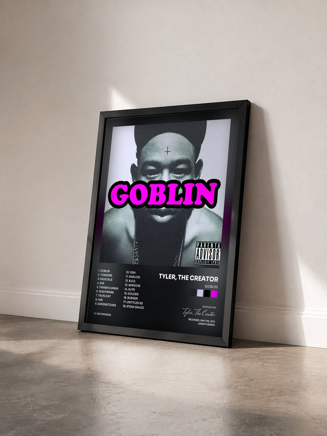 #noir Goblin de Tyler, The Creator en lámina enmarcada vista de tres cuartos, marco negro
