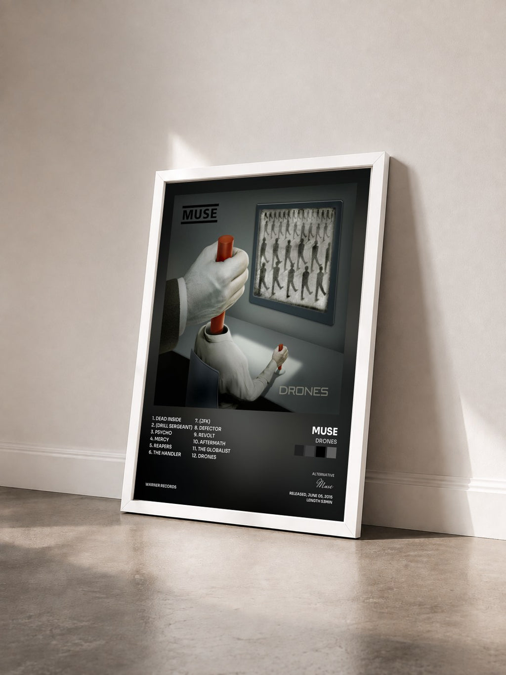 #blanc Tableau de l'album Drones de Muse vu de trois quarts, cadre blanc