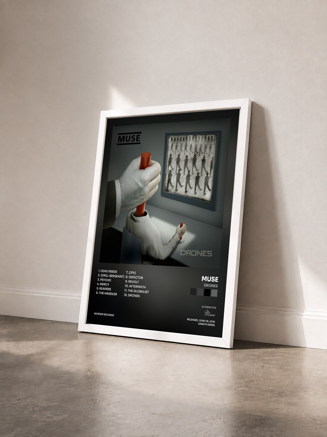 #blanc Tableau de l'album Drones de Muse vu de trois quarts, cadre blanc